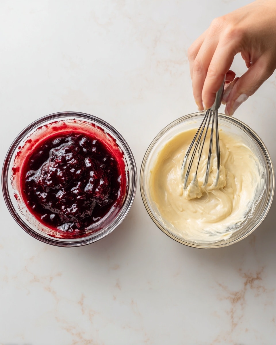 The image shows two clear glass bowls sitting on a white marbled surface, side by side. The bowl on the left contains a dark red, chunky mixture of berries or fruit sauce with a thick, glossy texture filling about three-quarters of the bowl. The bowl on the right has a creamy, light beige mixture with a smooth and fluffy texture, being whipped by a metal whisk that a woman's hand is holding. The light reflects softly on both mixtures, showing their thick and rich consistencies. Photo taken with an iphone --ar 4:5 --v 7