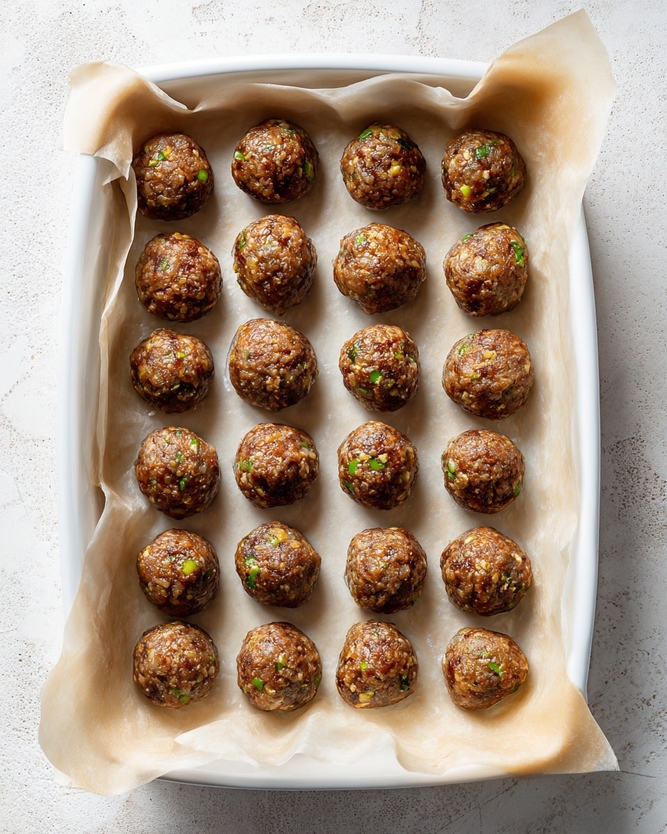 The image shows 35 evenly spaced, round meatballs with a brown, textured surface that shows small bits of herbs and spices, all arranged neatly on a sheet of parchment paper in a white baking tray. The meatballs appear moist and slightly rough in texture, with some green flecks visible inside them. The parchment paper covers the tray completely and has a pale beige color with subtle wrinkles. The background is a white marbled texture. photo taken with an iphone --ar 4:5 --v 7