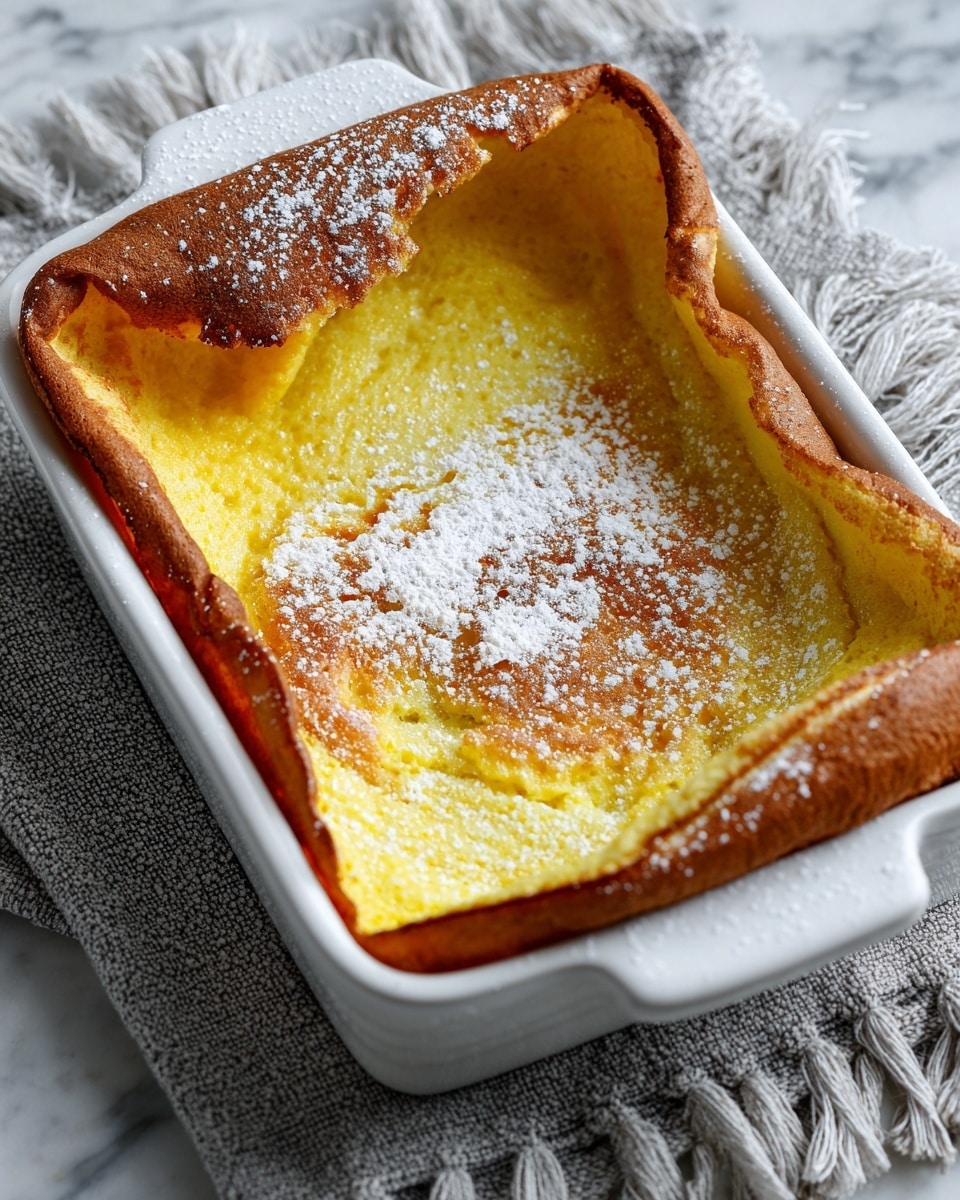 A white rectangular baking dish holds a Dutch baby pancake. The pancake has one thick layer with a golden yellow center and puffed, browned edges rising above the dish rim. The edges show a slightly crispy texture dusted with a light layer of powdered sugar. The dish sits on a grey textured cloth with fringed edges, placed on a white marbled surface. photo taken with an iphone --ar 4:5 --v 7