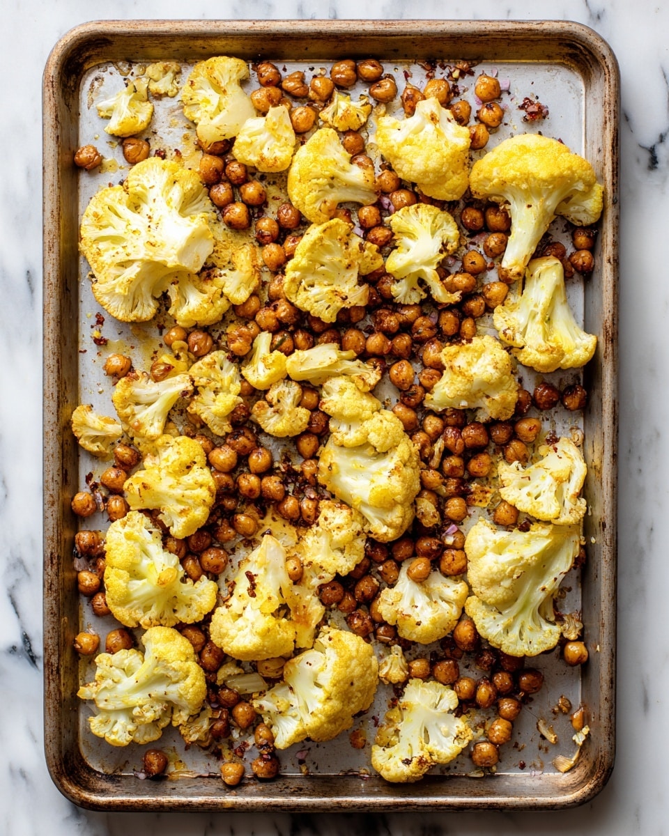 A baking tray with one layer of roasted cauliflower pieces and chickpeas scattered evenly across the tray. The cauliflower pieces are golden yellow with some brown edges and a slightly rough texture, while the chickpeas are browned and round with a smooth surface. There are small bits of seasoning and spices mixed in, giving a slightly speckled look on the tray. The tray sits on a white marbled surface. photo taken with an iphone --ar 4:5 --v 7