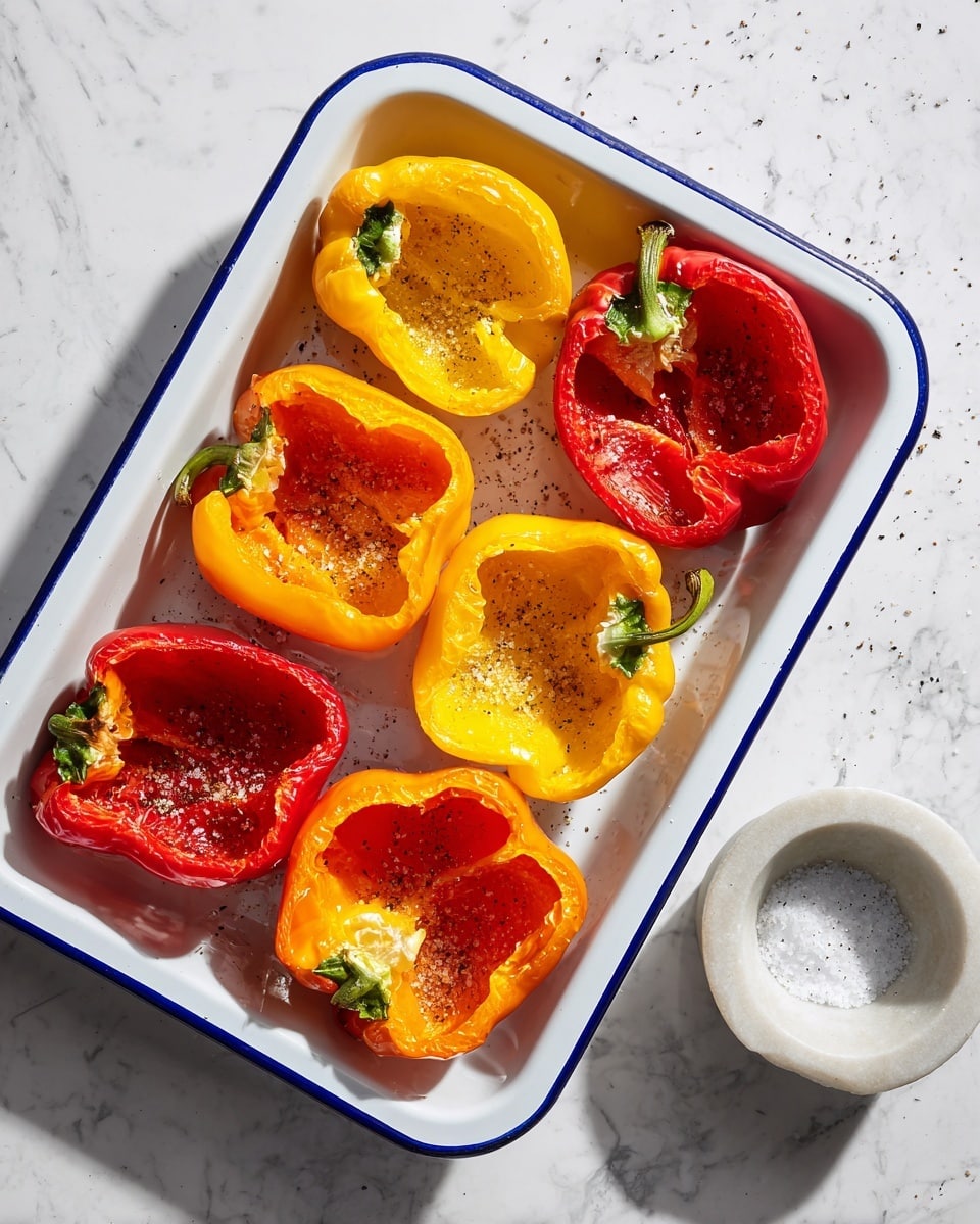 The image shows eight bell pepper halves placed inside a white rectangular baking tray with a blue rim. The peppers are in three colors: red, yellow, and orange, arranged randomly. Each pepper half is hollowed out and visibly glossy, with some light seasoning of salt and pepper sprinkled over them. The tray rests on a surface with a white marbled texture, and to the right of the tray is a small white marble bowl holding some salt. The lighting is bright and natural, highlighting the fresh textures and colors of the peppers. photo taken with an iphone --ar 4:5 --v 7