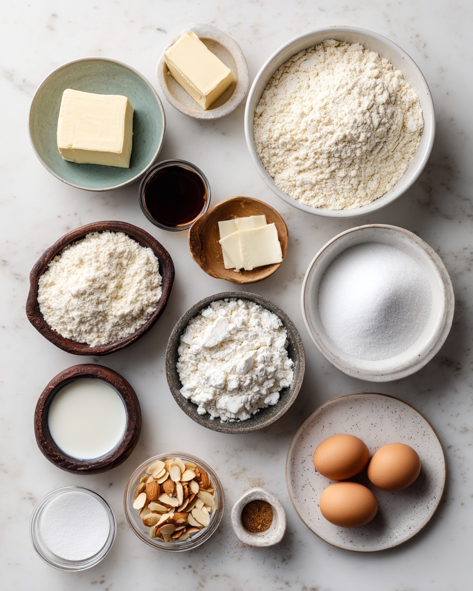 The image shows a white marbled surface with many white bowls and small dishes arranged neatly, each holding a different baking ingredient. On the top row from left to right are a small bowl with a square of butter, a larger bowl filled with almond flour, and a larger bowl filled with white flour. Next to these is a small dark wooden bowl with baking powder and a stick of butter. The middle row includes vanilla extract in a tiny bowl, an egg in a small bowl, a white bowl with white sugar, and a larger bowl also filled with sugar. On the bottom row, there is a small bowl of powdered sugar, a small glass bowl of sliced almonds, a bowl with some yogurt, a larger bowl of vanilla extract, two eggs on a small white plate, a small dark wooden bowl of salt, and an empty small white bowl. Everything is placed on a bright white marbled surface, and the light is soft and natural. Photo taken with an iphone --ar 4:5 --v 7