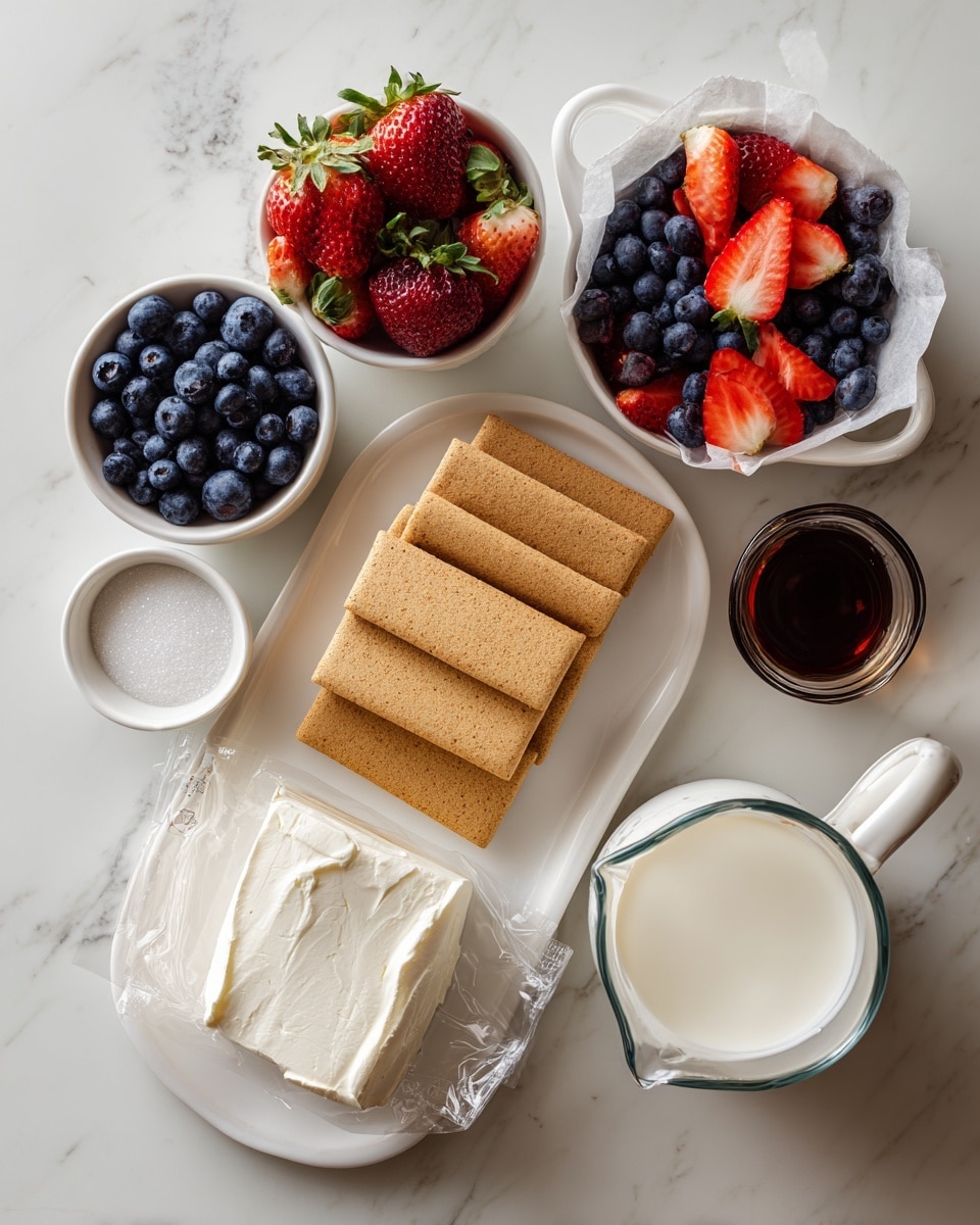 The image shows several ingredients neatly arranged on a white marbled surface. In the center, there is an oval white plate stacked with light brown rectangular graham crackers placed side by side in two neat rows. To the left, a small white bowl holds fresh blueberries, while above it a crumpled white ceramic bowl is filled with strawberries and blueberries. A block of cream cheese sits on a round white plate with a clear wrapper partially removed. On the right side, a white bowl with handles is filled to the top with sliced red strawberries. Nearby, a transparent measuring cup contains a thick white liquid, likely cream or milk. There is also a small white cup with a dark brown syrup inside and a glass filled with fine white powdered sugar. The whole setup is bright and clean, emphasizing the fresh ingredients. Photo taken with an iphone --ar 4:5 --v 7
