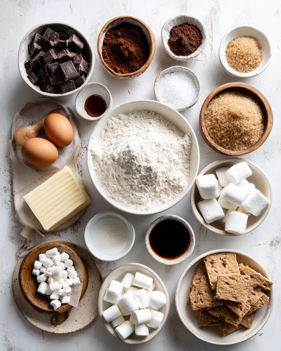 The image shows a flat lay of baking ingredients on a white marbled surface. In the center is a white bowl filled with flour. Surrounding it are multiple bowls and plates: at the top left, a white bowl with dark brown chocolate chunks; next to it, a white bowl with cocoa powder; two small wooden bowls with white baking soda and salt; a light wooden plate holding two brown eggs and a small white cup of dark vanilla extract; a small white bowl of coarse salt on the top right; a small brown bowl filled with brown sugar below the eggs; a white bowl of broken light brown graham crackers on the bottom right; a small plate with a mix of broken graham crackers and dark chocolate pieces to its left; a white bowl filled with white marshmallows; a white bowl with white sugar; and a small wooden plate holding two sticks of butter near the left center. The arrangement is neat and evenly spaced. Photo taken with an iphone --ar 4:5 --v 7