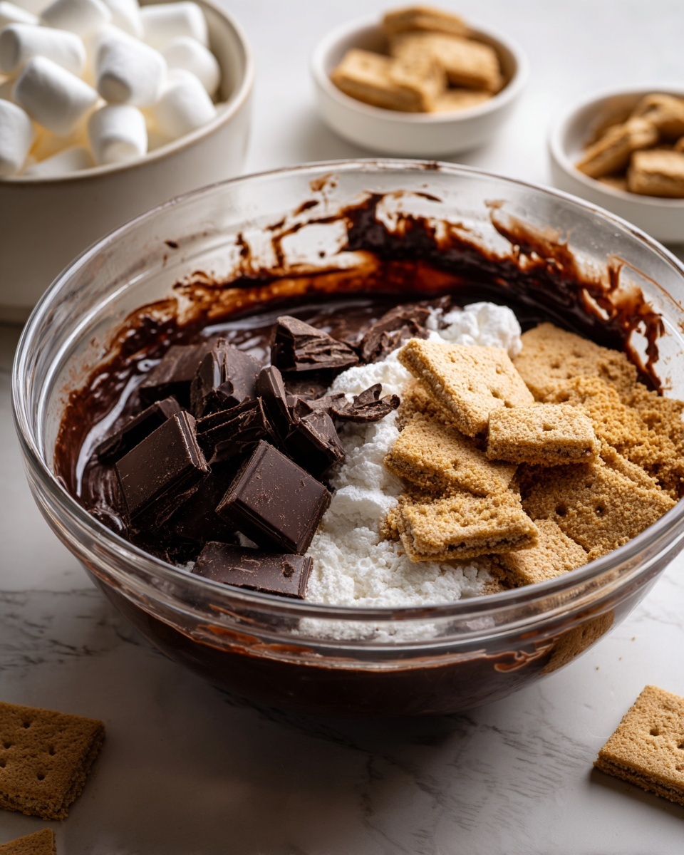A clear glass mixing bowl holds three visible layers on a white marbled surface: a dark brown chocolate batter forming the base layer, a generous pile of large dark chocolate square chunks on the left side, and broken light tan graham cracker pieces covering the right side. Smears and spots of the dark batter cling to the inside of the bowl, showing the mixing process. In the background, white marshmallows sit in a white bowl to the left, and a few other small bowls hold chunks of chocolate and broken graham crackers, slightly out of focus. Photo taken with an iphone --ar 4:5 --v 7