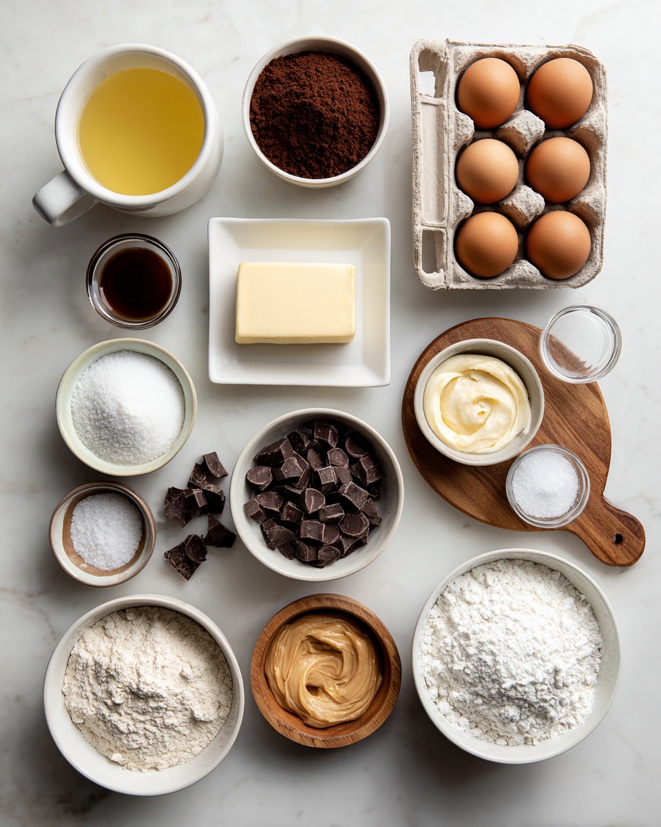 The image shows various baking ingredients arranged neatly on a white marbled surface. There are a total of fifteen containers, each holding a different ingredient. On the top row, from left to right, there is melted butter in a white cup, dark brown cocoa powder in a white bowl, four brown eggs in a white square egg tray, a stick of butter on a round wooden board with a small round wooden bowl of salt in front, and a small glass bowl with a dark liquid, possibly vanilla extract. On the middle row, from left to right, a small wooden bowl with dark brown powder, a white bowl with chopped dark chocolate pieces, a white bowl with white flour, a clear small bowl filled with creamy peanut butter, and a large white bowl with white powdered sugar sugar. On the bottom row, from left to right, a white bowl with light brown sugar, a tiny wooden bowl with salt, a white bowl filled with white granulated sugar, a large white bowl with small chocolate-covered cereal pieces coated in powdered sugar, and a small white cup with a light liquid possibly milk. All containers are white except the wooden and glass bowls and the egg tray. The setup is well lit and arranged neatly. Photo taken with an iphone --ar 4:5 --v 7