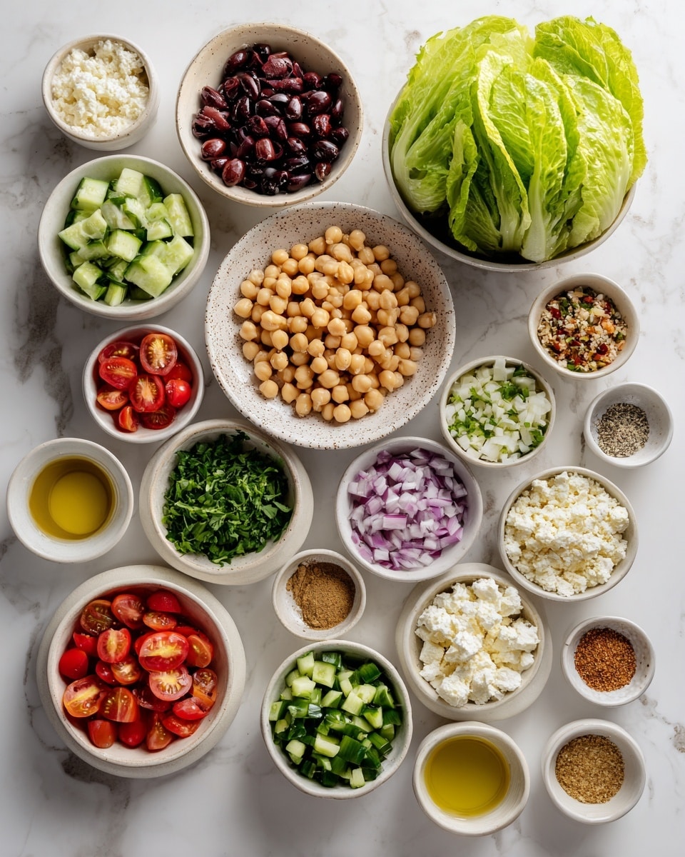 The image shows many small white bowls and dishes arranged neatly on a white marbled surface, each holding different ingredients for a salad. In the middle bottom, there is a large round speckled plate with a whole green lettuce head. Around it, there are bowls filled with light brown chickpeas, dark red chopped olives, bright red halved cherry tomatoes, light green chopped cucumber, and finely chopped fresh green herbs. Other small white dishes contain minced garlic, thinly sliced purple onions, creamy white crumbled cheese, and various spices with colors including green, red, and beige. Some bowls hold light yellow and golden liquids, possibly oils and vinegar. The arrangement is bright and colorful, highlighting the fresh and varied textures of the ingredients. photo taken with an iphone --ar 4:5 --v 7