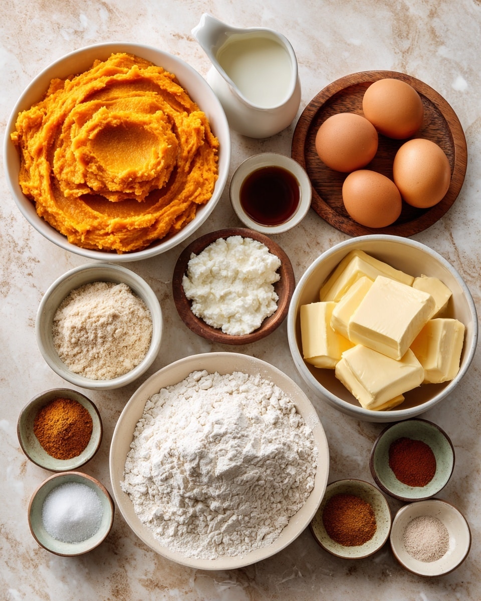 The image shows eleven bowls and a small jug placed on a white marbled surface. On the far left, there is a white bowl with bright orange mashed sweet potatoes with a soft texture and peaks. Behind it is a small jug filled with thick white cream. In the middle left, a wooden plate holds two brown eggs next to a small bowl of dark amber vanilla extract. Below the eggs are two small white bowls, one filled with white granulated sugar and the other with light brown sugar with a crumbly texture. Center front has a white bowl piled with white flour, with a slight peak in the middle. To its right, a white bowl with thick yellow butter sticks sits on a white marbled surface. Small brown bowls with white baking powder, a white powdered spice, and a mix of four ground spices in brown, beige, and reddish tones surround the larger bowls. The colors are warm and soft with a natural kitchen feel photo taken with an iphone --ar 4:5 --v 7