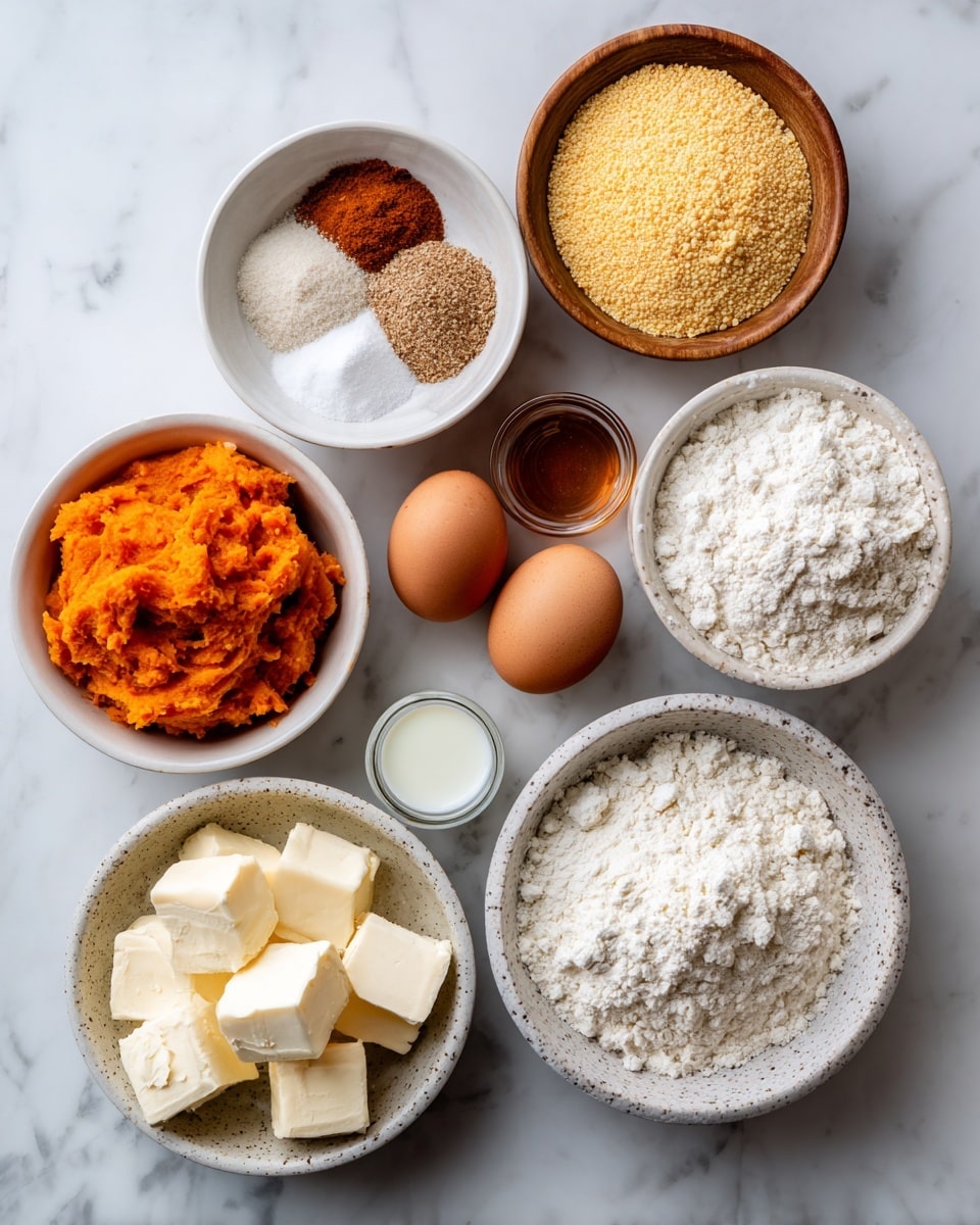 The image shows eight small bowls arranged on a white marbled surface, each holding different baking ingredients. Starting from the top left is a white bowl filled with bright orange mashed pumpkin, next to it is a small wooden bowl holding white and light brown spices in separate sections. To the top right is a white bowl filled with yellow cornmeal. Below that is a white bowl holding fine white flour with a slightly fluffy look. In the center, there is a speckled white small bowl with two brown eggs resting inside. Below and to the left, another white bowl contains several chunks of pale yellow butter. In the bottom center, a small clear glass holds white milk, and beside it, a small clear container holds light amber honey. The bowls and ingredients show a variety of smooth, grainy, and coarse textures, all arranged neatly for an overhead shot. Photo taken with an iphone --ar 4:5 --v 7