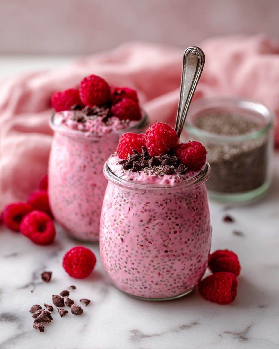 A white bowl filled with a thick, pink chia pudding spread evenly inside. On top, five bright red raspberries are placed, accompanied by a dollop of light brown peanut butter on one side. Scattered over are small pieces of crunchy granola and chocolate chips, adding dark brown and black specks. A metal spoon rests in the bowl on the right side, partially dipped in the pudding. Around the bowl, several loose raspberries and granola pieces lay on a white marbled surface, with a soft pink cloth nearby. In the top right corner, a white scalloped bowl holds more red raspberries. photo taken with an iphone --ar 4:5 --v 7