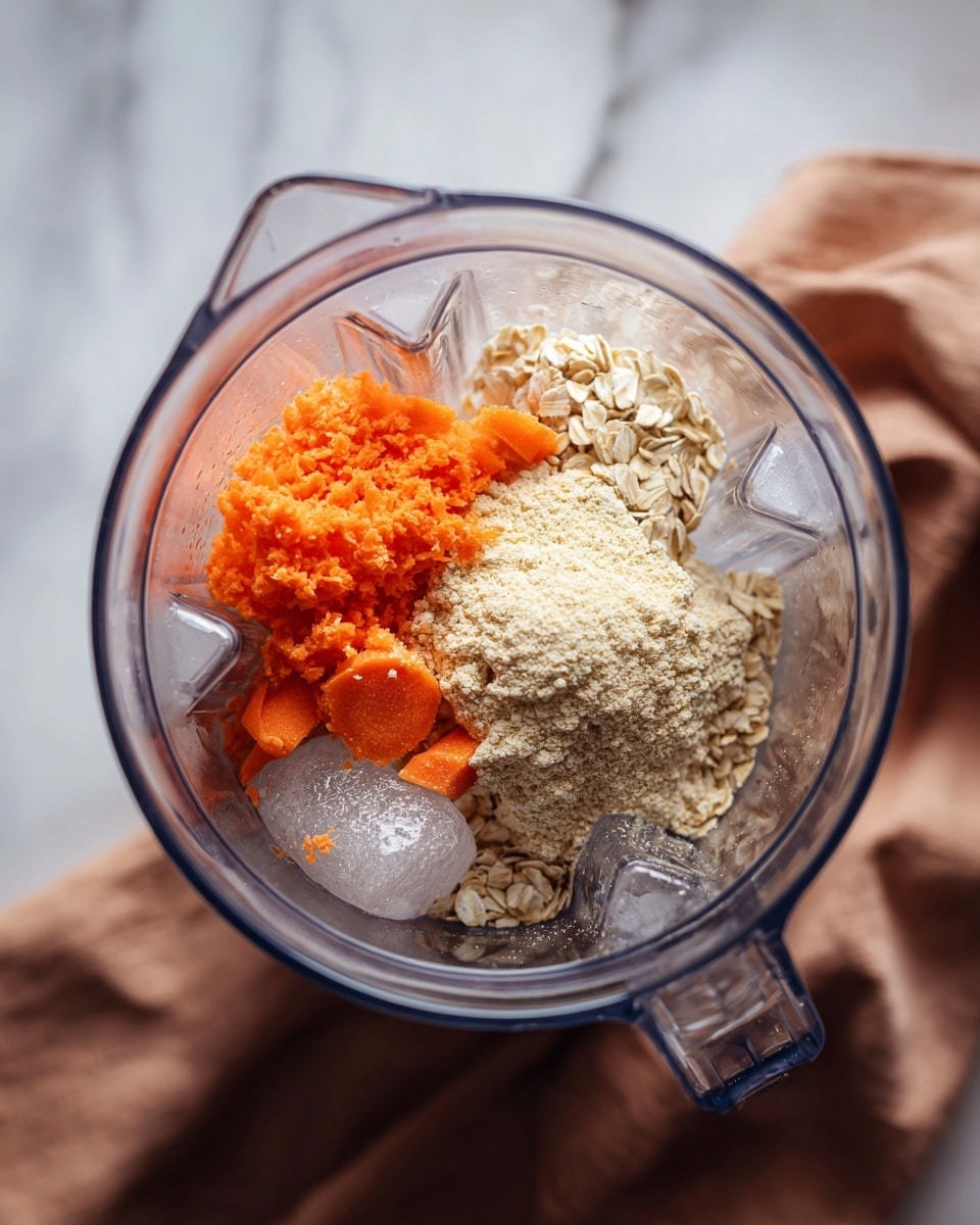 A clear blender pitcher is shown from above, containing several ingredients ready to be mixed. The bottom layer consists of beige oats, partially covered by some ice cubes that sparkle lightly. On top of the oats, there is a mound of light beige powder, likely a protein or flour, sitting next to bright orange grated carrot pieces. The blender rests on a white marbled surface, and a soft brown cloth is placed nearby. photo taken with an iphone --ar 4:5 --v 7