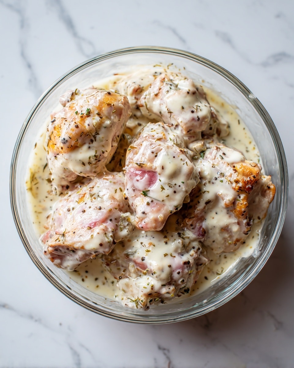 A clear glass bowl filled with several pieces of raw pink chicken coated in a thick, creamy white sauce with small black specks, sitting on a white marbled surface photo taken with an iphone --ar 4:5 --v 7