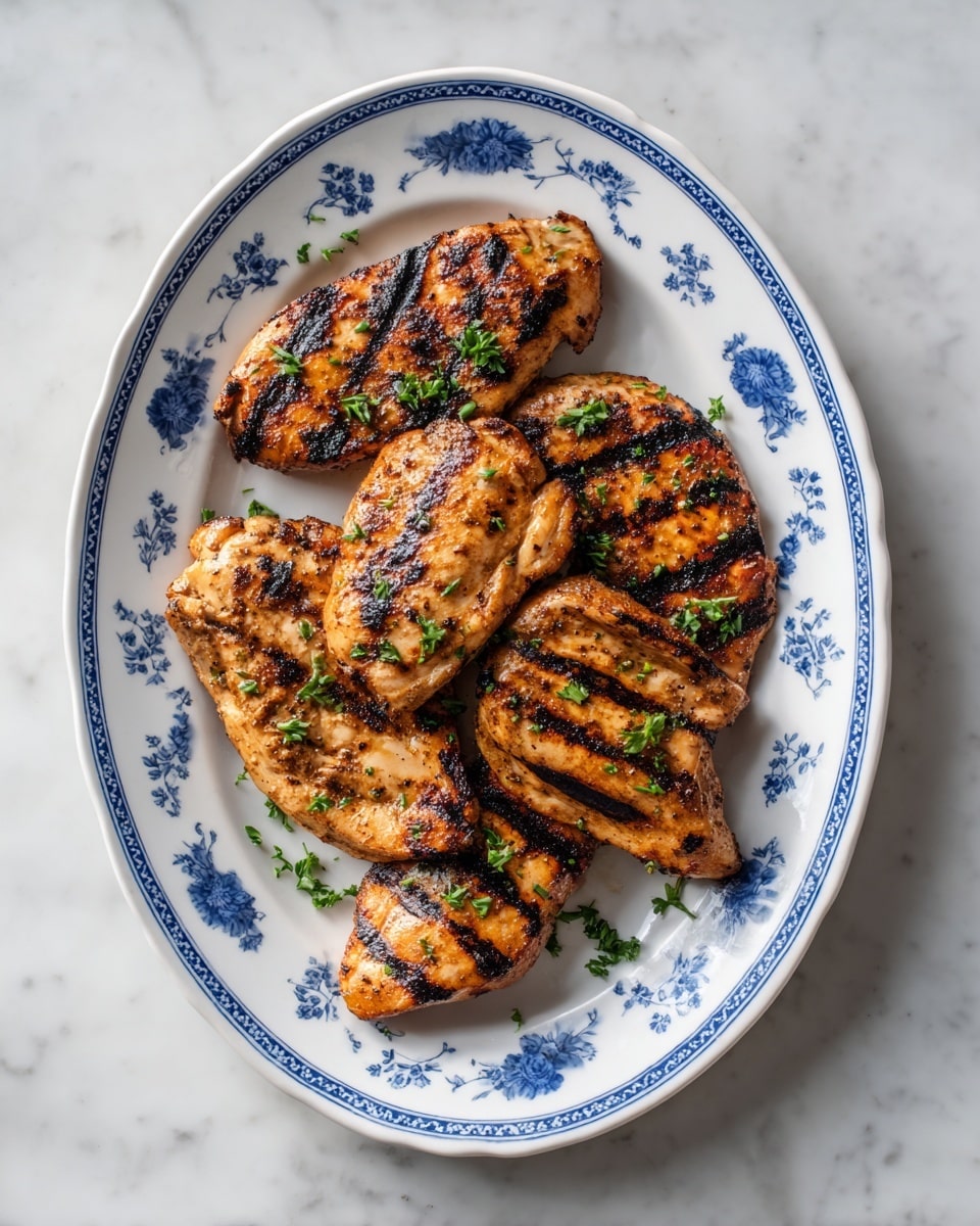On a white plate placed on a white marbled surface, there are four pieces of grilled chicken with dark brown grill marks and a seasoned, slightly crispy texture. To the right side of the plate, a bunch of bright green grilled asparagus spears with charred spots are neatly arranged. Two lemon wedges with pale yellow flesh and bright yellow rinds sit near the top and right edges of the plate, adding a touch of brightness to the dish. Photo taken with an iphone --ar 4:5 --v 7