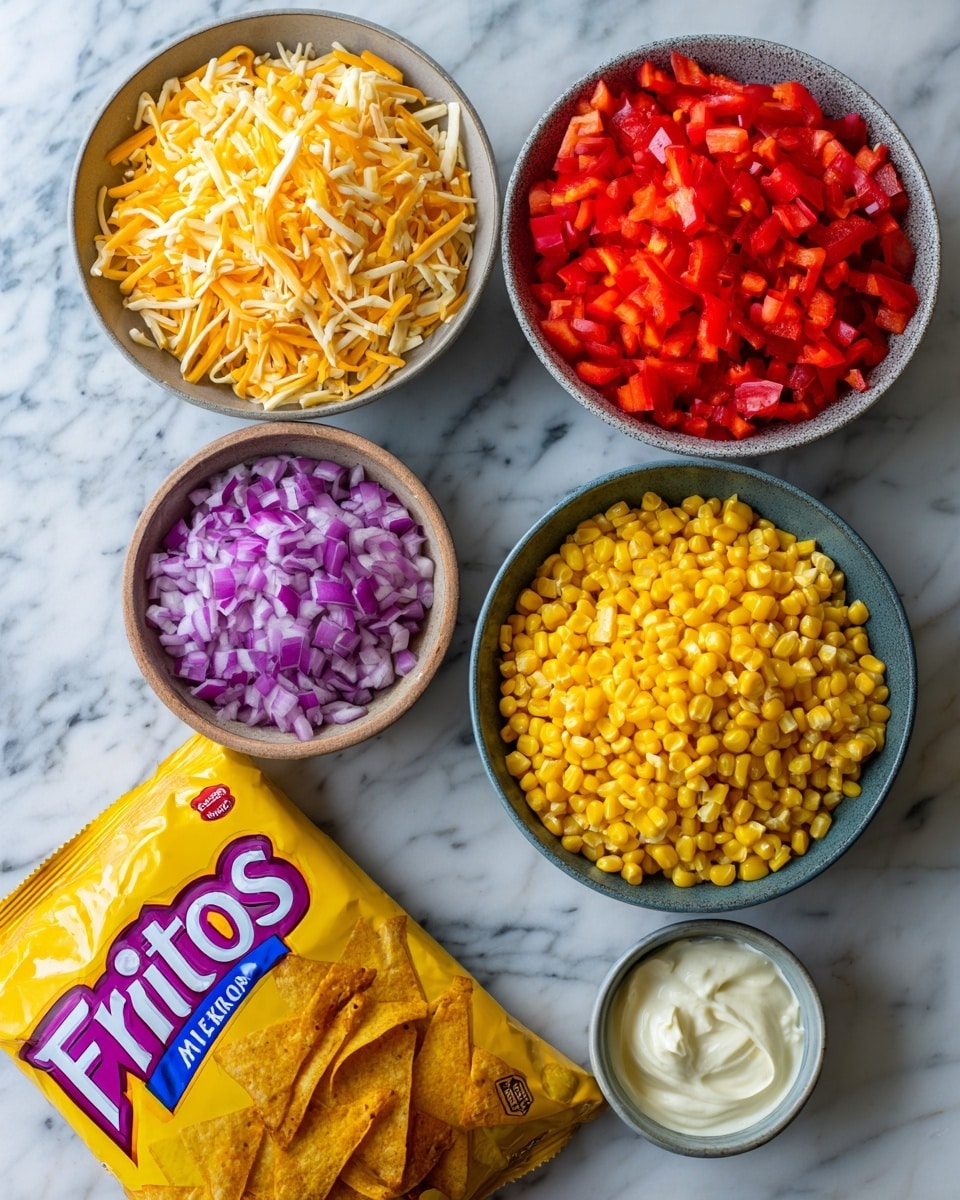 A top-down view shows six bowls and a bag of chili cheese flavored corn chips on a white marbled surface. The upper left bowl contains a shredded mix of yellow and white cheese with long thin pieces. To its right, a large bowl is filled with finely chopped bright red bell peppers. Next to this, a smaller bowl holds finely chopped purple onions, the pieces small and uniform. Below, another large bowl is filled with bright yellow corn kernels. To the right of this, a small bowl holds a thick white sour cream. A yellow and brown bag of Fritos chili cheese chips, with red and blue lettering, is placed in the bottom center, slightly angled with some corn chips visible through the packaging. photo taken with an iphone --ar 4:5 --v 7