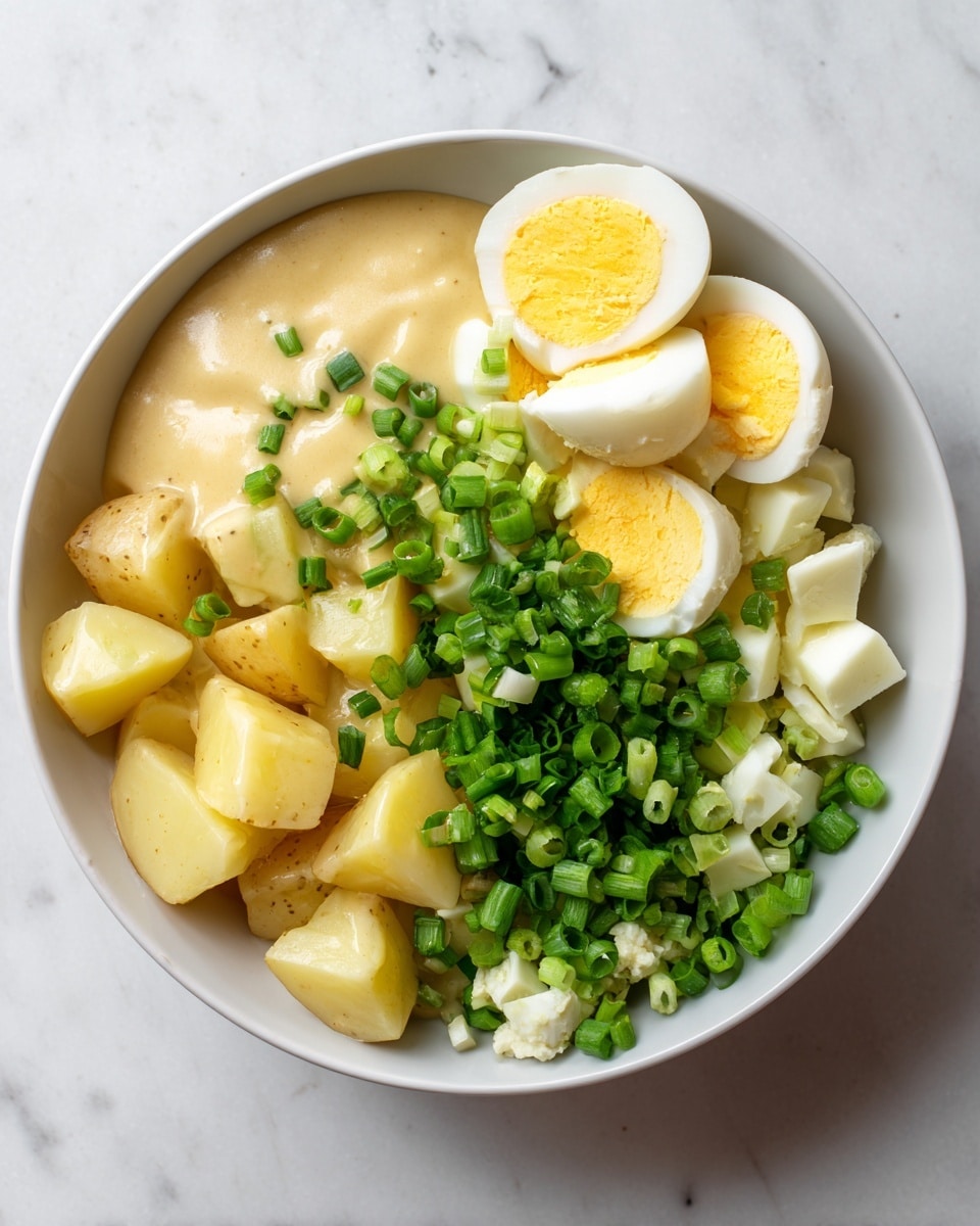 The image shows a white floral plate filled with a creamy potato salad. The salad consists of chunky yellow pieces of potato mixed with small green slices of celery and bits of white egg, all coated in a pale yellow dressing. The surface of the salad is sprinkled with light brown spices and small green parsley leaves for garnish. In the background, there are a few more stacked white floral plates with purple flowers. The scene is set on a white marbled surface with some sprigs of fresh parsley nearby. photo taken with an iphone --ar 4:5 --v 7
