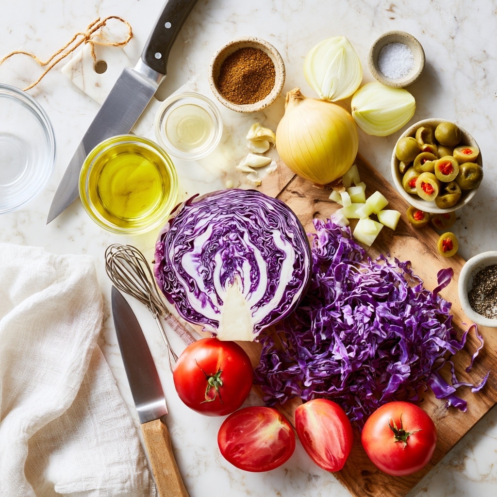 A clear glass bowl sits on a white marbled surface holding four separate layers of fresh chopped vegetables. In the top right, there are small diced white onions with a slightly translucent look. The bottom right contains shredded purple cabbage with thin, delicate strands showing a mix of dark and light purple shades. On the bottom left, there are halved bright red cherry tomatoes with shiny skins. The top left holds green pimento-stuffed olives with a matte finish and red centers. A light gray cloth is partially visible in the top left corner of the image. Photo taken with an iphone --ar 4:5 --v 7
