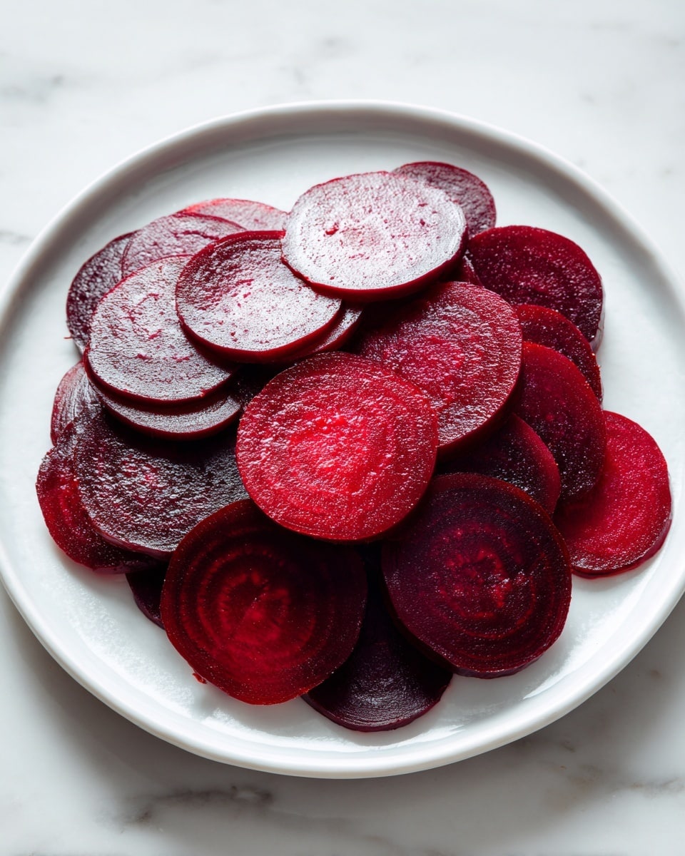 A white plate sits on a white marbled surface, topped with thin, deep red slices of beet arranged in a circle, creating the bottom layer. On top of the beets is a heap of fresh, bright green arugula leaves with a slightly wet, glossy look. Scattered over the entire dish are small dollops of white soft cheese, round green capers, and toasted brown pistachio nuts. The dish has a drizzle of golden oil adding shine and some contrast. Around the plate are scattered fresh green basil leaves and pieces of sliced baguette bread on a wooden board and cloth napkin nearby. photo taken with an iphone --ar 4:5 --v 7