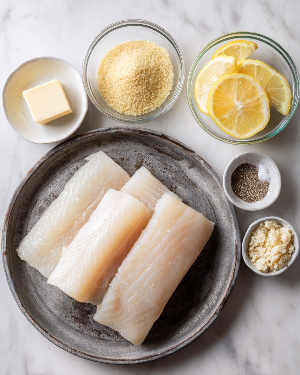 The image shows a dark gray plate holding two pieces of raw fish fillets placed side by side with a light, smooth texture and off-white color with slight pinkish hues. Around the plate, there are five small white dishes arranged on a rustic metal surface: one dish has a small square of pale yellow butter, another holds coarse salt and black pepper, a clear glass bowl contains golden breadcrumbs, another clear glass bowl has thin lemon wedges that are bright yellow with white edges, and the last clear glass bowl holds a light beige crumbly mixture. The whole scene is set on a white marbled surface. Photo taken with an iphone --ar 4:5 --v 7