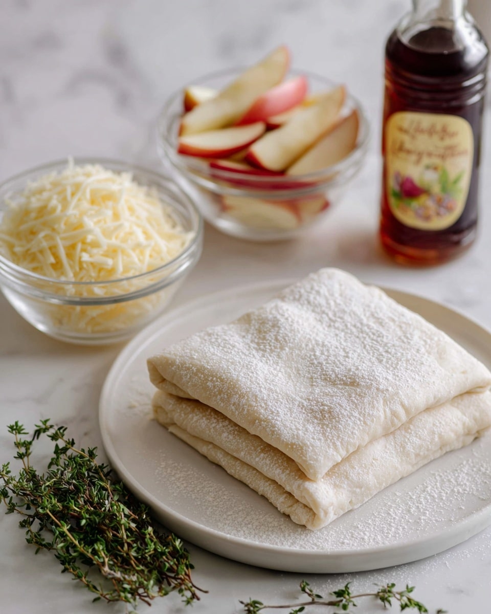 A white plate holds a folded sheet of dough dusted with flour, showing three rectangular layers separated by light folds. Next to it, two clear glass bowls sit on a white marbled surface; one is filled with thin apple slices with red and pale yellow skin, and the other contains finely shredded pale yellow cheese with a slightly fluffy texture. A small sprig of fresh green thyme lies below the plate, and a dark glass bottle of honey with a colorful label is placed diagonally beside it. Photo taken with an iphone --ar 4:5 --v 7