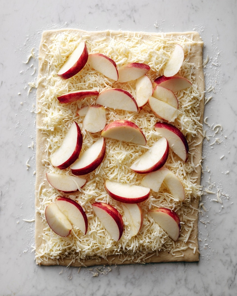 A rectangular sheet of pale dough lies flat on a white marbled surface, topped evenly with small white shredded pieces of cheese that form the first layer, followed by thin pale yellow apple slices with soft red edges neatly placed in small overlapping clusters across the dough. Some shredded cheese spills over the dough edges onto the surface. The arrangement shows clear separation between cheese base and apple slices in a natural light setting. Photo taken with an iphone --ar 4:5 --v 7