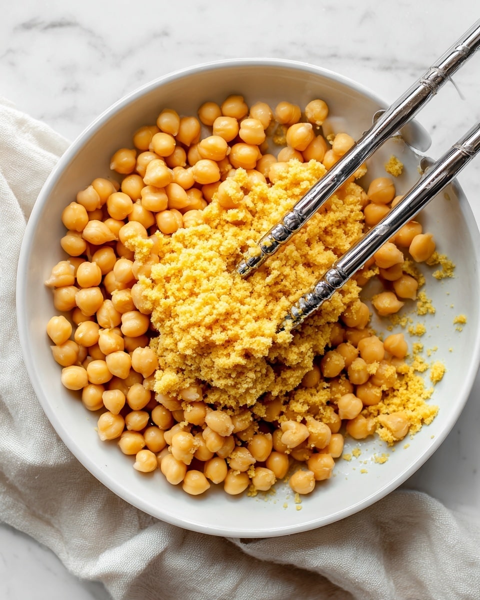 A white, shallow bowl filled with a layer of whole yellow chickpeas, smooth and round, evenly spread across the dish. In the center, a metal masher with black and silver handles presses down on some chickpeas, crushing them into a rough, slightly crumbly yellow mash while some skins peel off and scatter. The bowl rests on a soft, light-colored cloth over a white marbled surface, giving a bright and clean look. Photo taken with an iphone --ar 4:5 --v 7