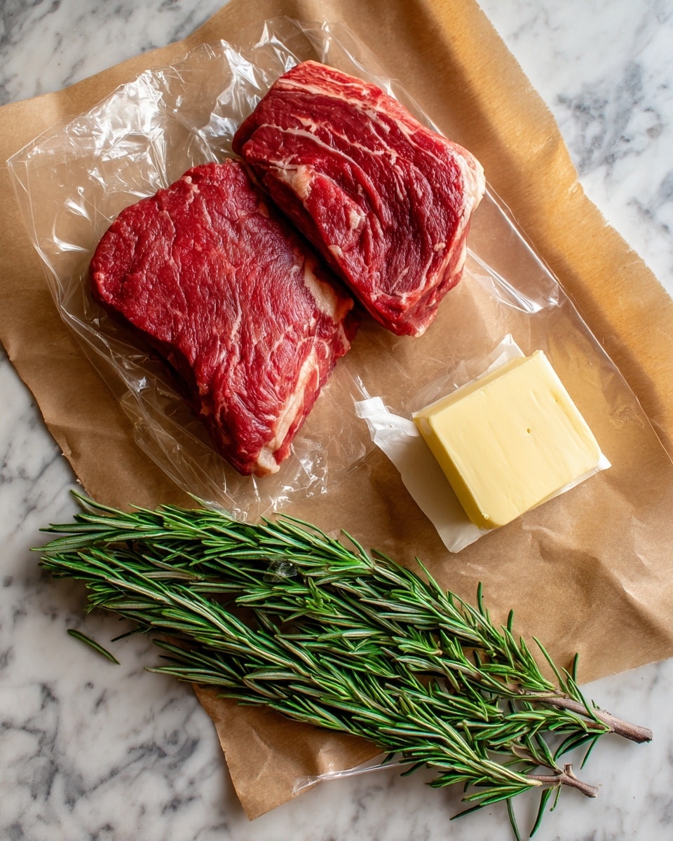 The image shows two raw red meat pieces with white fat edges placed on clear plastic wrap over brown paper. Below the meat, there is a small square piece of pale yellow butter. Under the butter, a bunch of fresh green rosemary sprigs lies flat. The whole scene is set on a white marbled texture. photo taken with an iphone --ar 4:5 --v 7