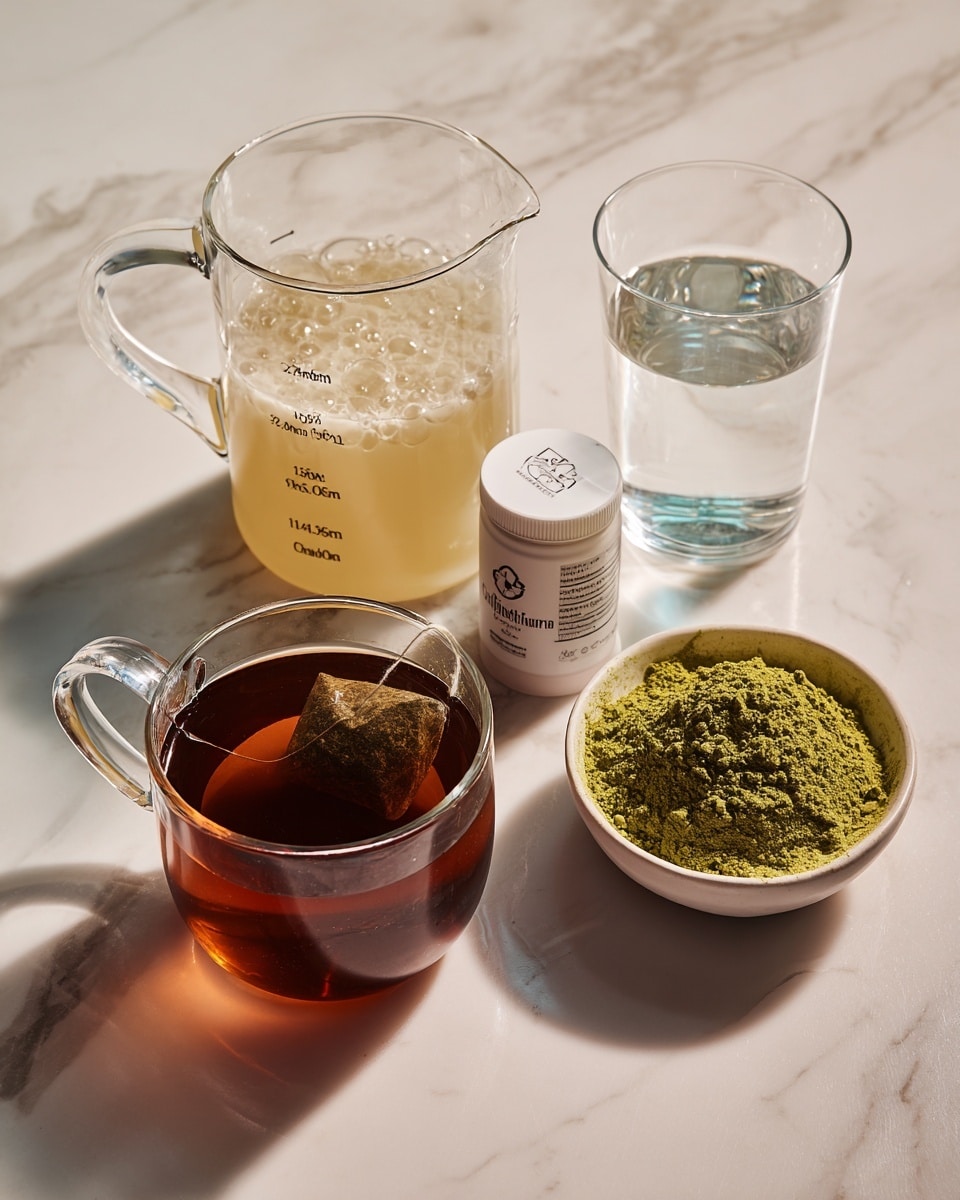 A clear glass cup filled with dark amber tea with a tea bag steeping inside sits on a white marbled surface, next to a measuring glass jug with a creamy beige liquid and a few bubbles on top. Beside them is a small white bowl with a mound of green powder, a white container labeled