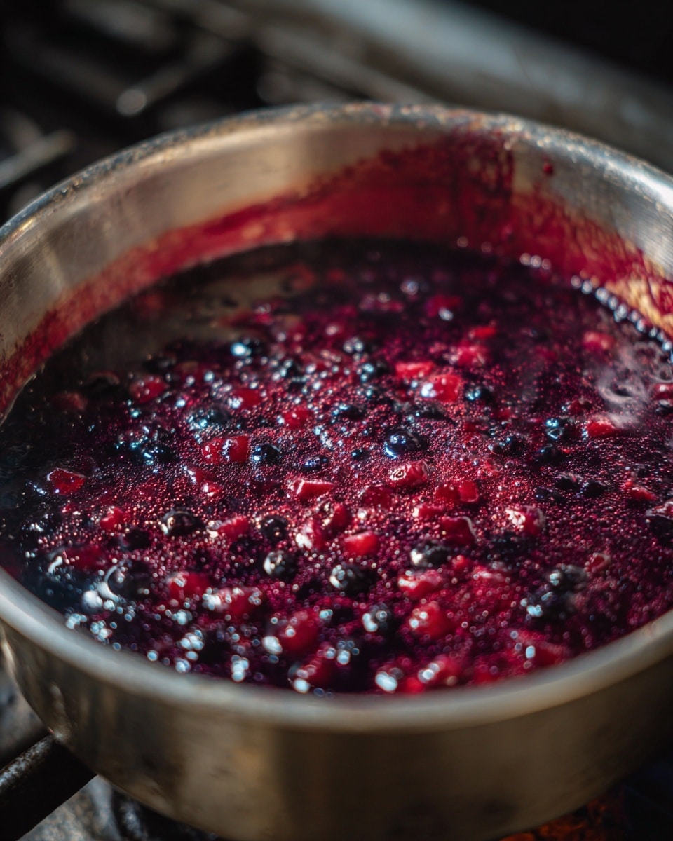 The image shows a close-up view of a pot filled with a bubbling dark purple liquid with chunks of fruit, likely berries, simmering inside. The liquid has a thick, syrupy texture with a foamy layer on the surface. The pot is made of shiny metal, and the inside edges are stained with purple residue from the cooking fruit. The pot sits on a stove with a metal grate visible around it. photo taken with an iphone --ar 4:5 --v 7
