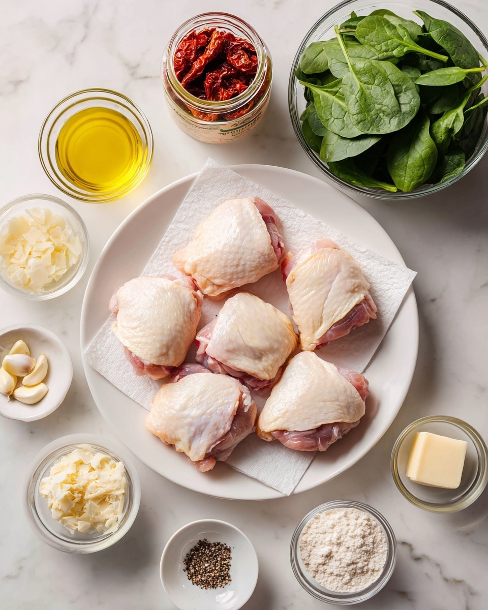 The image shows a white round plate in the center with six raw chicken thighs, light pink with white skin, placed on white paper towels. Around the plate, there are small white bowls and glass bowls. At the top right, there is a clear bowl full of fresh, dark green spinach leaves. Next to the spinach is a small glass bowl with golden yellow olive oil. Below the olive oil is a tiny white bowl with a single white cube of butter. Beside that is a small round white dish holding coarse white salt and black pepper. At the bottom right, a small white bowl contains white flour. On the bottom left side, there is a tiny white bowl of chopped garlic. Above that is a small glass bowl with a pale yellow creamy spread. Next to it, a glass bowl is filled with a white creamy liquid. Above everything, a jar of sun-dried tomatoes with a red lid and green label sits next to a glass bowl filled with light brown honey. All items are on a white marbled surface. photo taken with an iphone --ar 4:5 --v 7