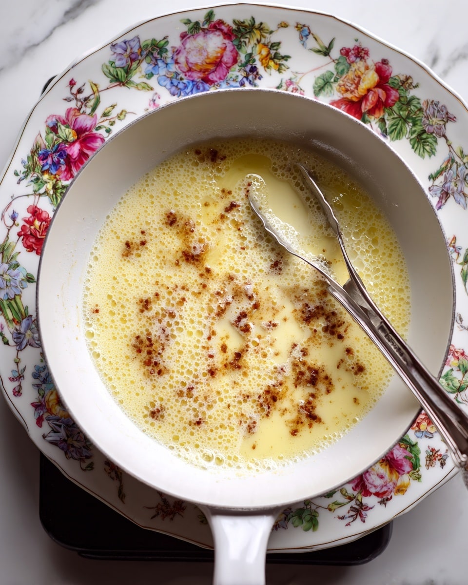 The image shows a white pan with a curved handle containing melted butter that is bubbling and foaming. In the butter, there are small brown bits that look like browned bits or spices scattered around, some sticking to the side of the pan. A metal cooking tong rests in the pan, partially submerged in the bubbling butter. The pan sits on a black stove with a white plate decorated with colorful floral patterns in the background. The surface around the stove is a white marbled texture. photo taken with an iphone --ar 4:5 --v 7