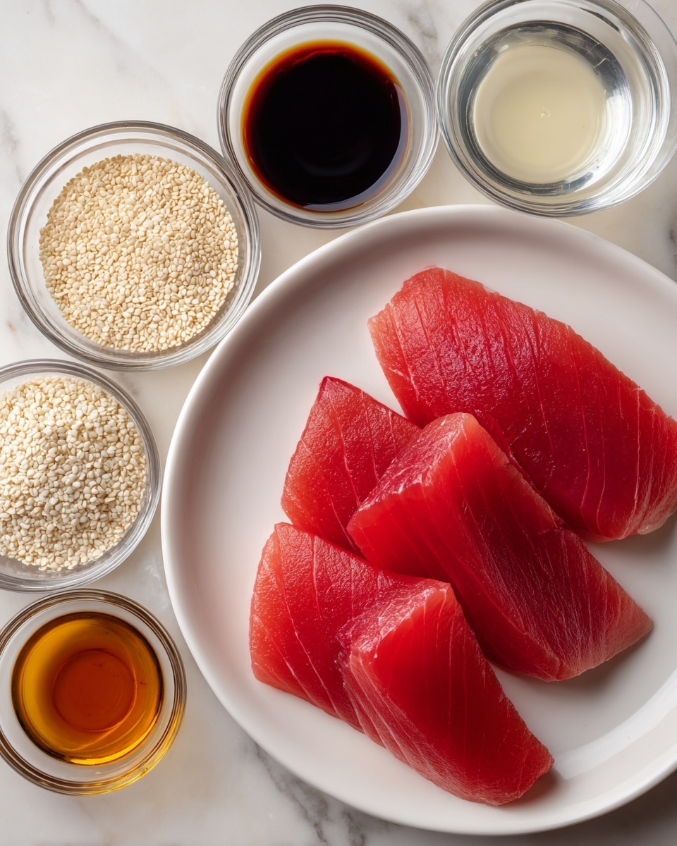 The image shows three pieces of raw fresh tuna, each with a bright deep red color and smooth texture, arranged on a white plate. Surrounding the plate are five small clear glass and white ceramic bowls, each holding different ingredients: white sesame seeds with a dry grainy texture in one bowl, dark brown soy sauce with a shiny surface in another, a light brown liquid that looks like a sauce or marinade, a small bowl with a creamy white liquid, and a bowl containing a clear liquid likely water or vinegar. All items are placed on a white marbled surface. photo taken with an iphone --ar 4:5 --v 7