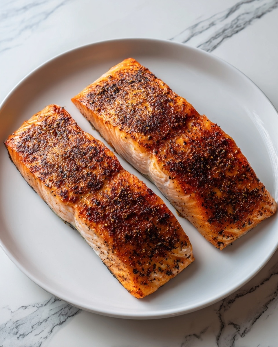 Two pieces of cooked salmon fillets with a crispy, brown and slightly charred surface are placed side by side on a white plate. The fillets have a rich orange-pink color with darker spices and seasoning visible on the top layer, giving a textured look. The plate sits on a white marbled surface. Photo taken with an iphone --ar 4:5 --v 7