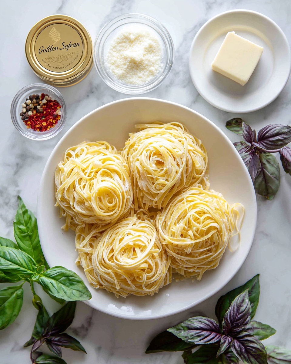 The image shows a flat white bowl filled with four nests of uncooked light yellow pasta arranged loosely inside. Surrounding the bowl are small clear glass bowls containing white cream and minced garlic, and a small shiny silver bowl holding white salt and red pepper flakes. A small square piece of butter sits on a small white plate near the top right. To the left side of the bowl is a round golden container labeled
