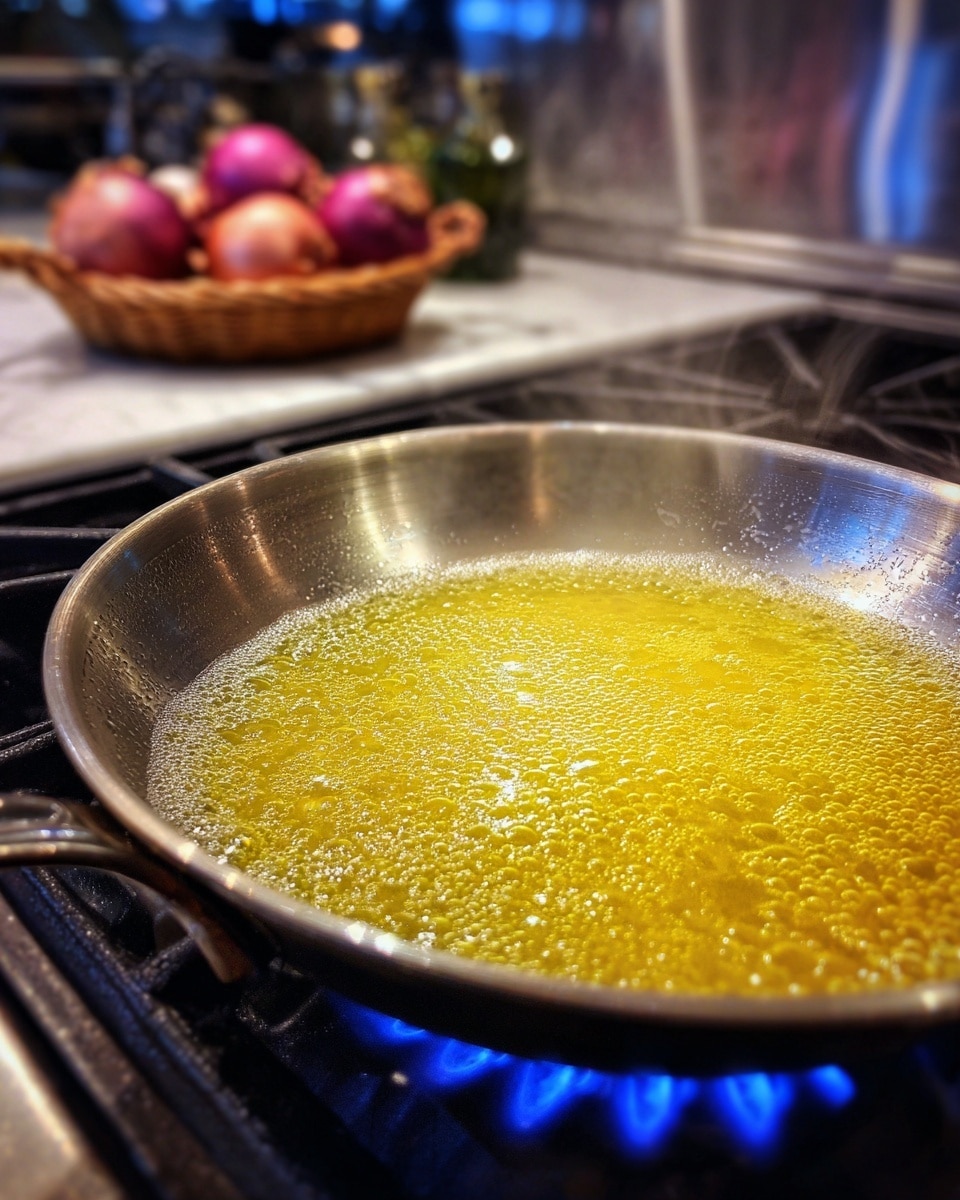 A close-up of a metal frying pan on a stove with a blue flame visible below, filled with a bubbling, bright yellow liquid that has a slightly textured surface, steam rising gently from it. The background includes a blurry basket with red onions and a white marbled surface under the stove photo taken with an iphone --ar 4:5 --v 7