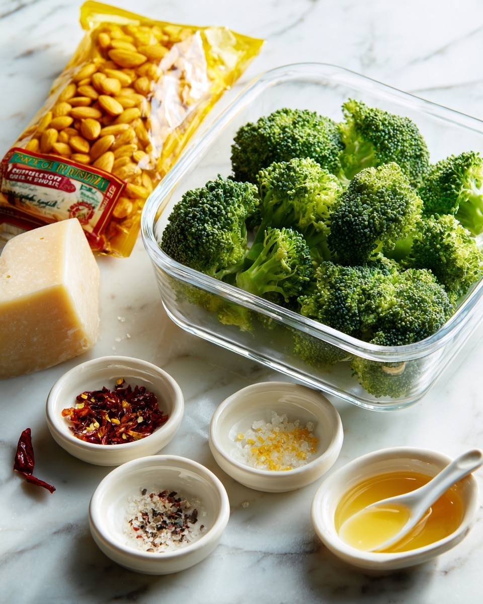 A clear rectangular container filled with fresh green broccoli florets sits on a white marbled surface. Next to it, a yellow and orange bag of sliced almonds stands upright. In front of the broccoli container, there are four small white ceramic dishes arranged in a loose semicircle; one holds a light yellow liquid, another contains reddish chili flakes, a third has a mixture of salt and black pepper, and the last holds a golden brown liquid in a white spoon-like dish. To the side, a block of Parmesan cheese is partially visible with its label showing red, green, and white colors. The setting is bright with even lighting, and the photo taken with an iphone --ar 4:5 --v 7