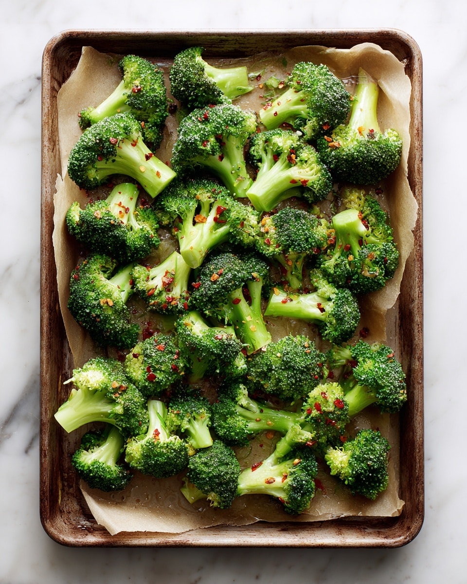 A baking tray lined with brown parchment paper holds many pieces of fresh green broccoli florets scattered evenly. The broccoli is bright green with small water droplets and some red chili flakes lightly sprinkled on top. The tray sits on a white marbled surface, and the whole scene is brightly lit, showing clear textures of the broccoli’s tightly packed buds and fibrous stems. photo taken with an iphone --ar 4:5 --v 7