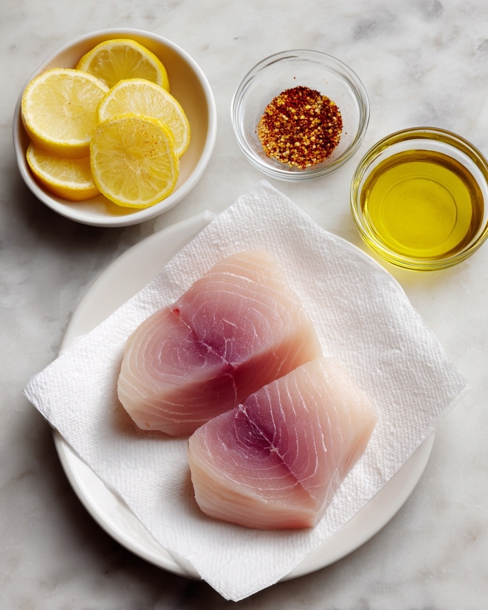 Two light pink raw fish steaks with a slight purple center rest on white paper towels on a white plate. To the left, a small white bowl holds several thin, round, yellow lemon slices. To the right of the plate, there are two small clear glass bowls, one filled with light yellow oil and the other with reddish-brown seasoning. The items are placed on a white marbled surface. photo taken with an iphone --ar 4:5 --v 7