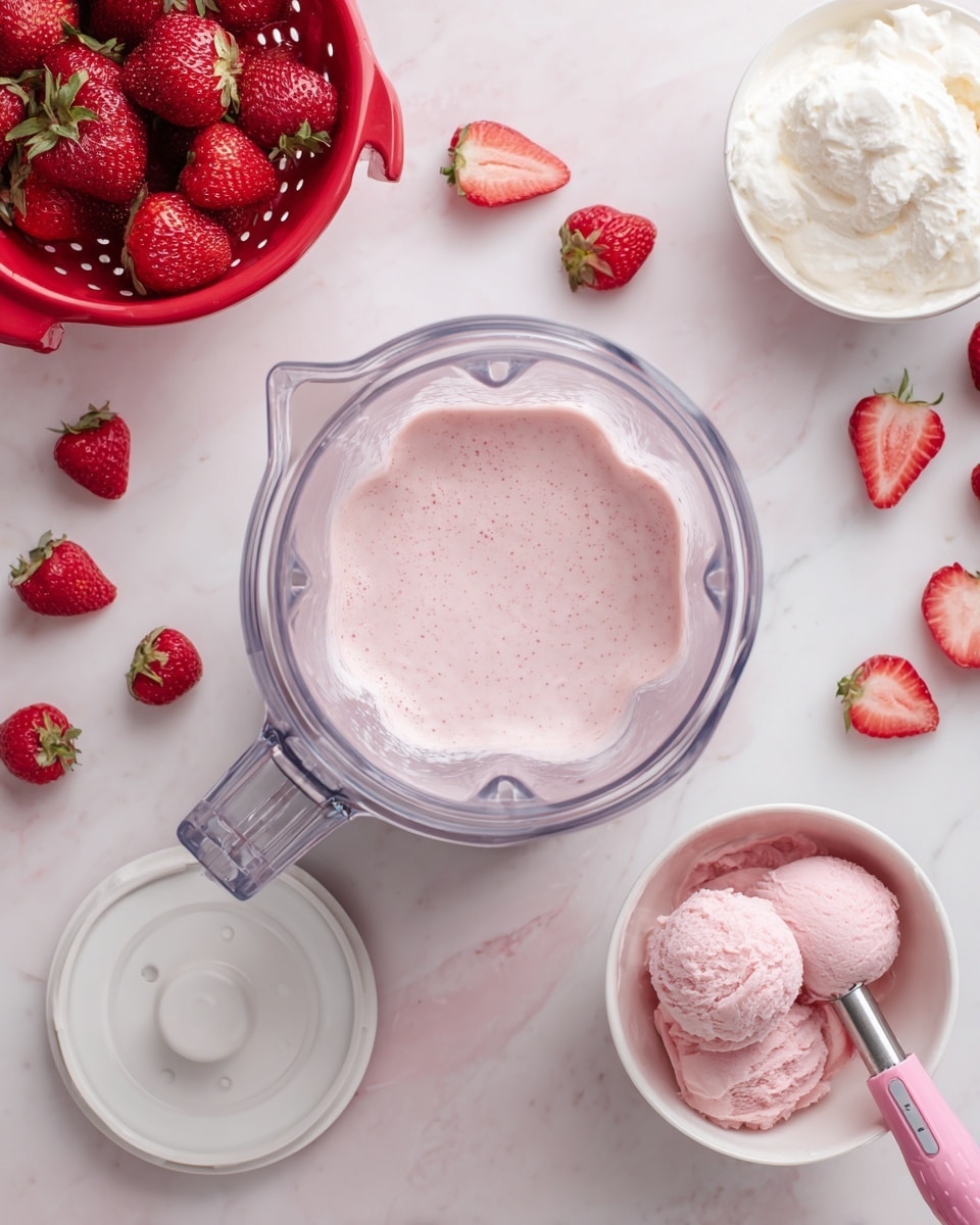 A clear blender container filled with a light pink creamy mixture sits on a white marbled surface, surrounded by bright red strawberries in a red colander to the upper left, some loose strawberries nearby, a white bowl with whipped cream to the top right, and an open white ice cream container with pink strawberry ice cream and a pink-handled scoop inside positioned to the right, along with the ice cream lid placed near the bottom left, all arranged neatly in a flat lay style photo taken with an iphone --ar 4:5 --v 7