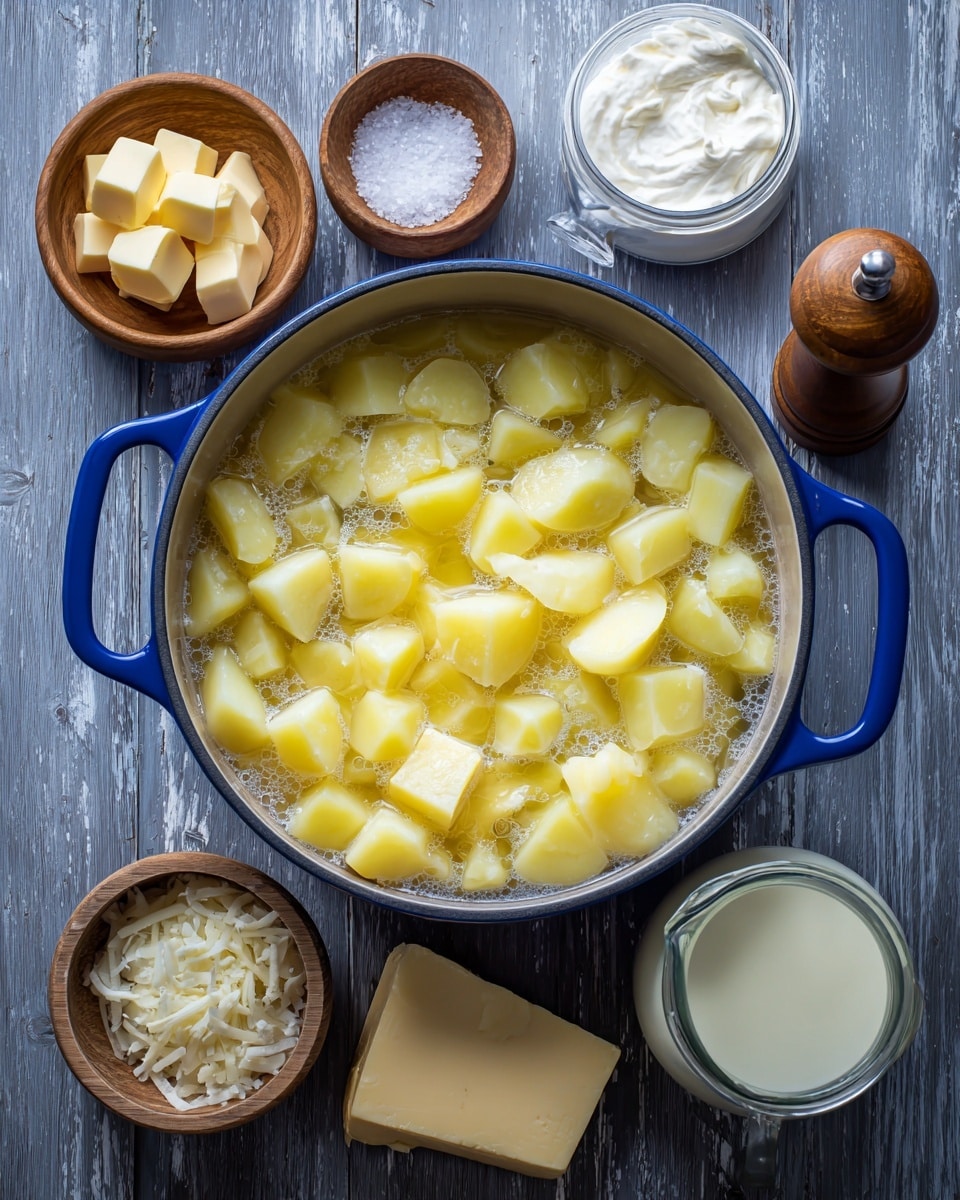 A large blue pot sits on a dark wooden surface with a white marbled texture, filled with water covering many light yellow potato pieces cut into medium-sized chunks, showing a slightly cloudy liquid. Around the pot, there are small wooden bowls containing coarse salt and thick white cream, a pale brown bowl with small cubes of butter, a dark pepper grinder, a chunk of pale yellow cheese, and a glass jar holding a creamy liquid. The scene is well-lit, highlighting the soft colors and textures of the ingredients. photo taken with an iphone --ar 4:5 --v 7