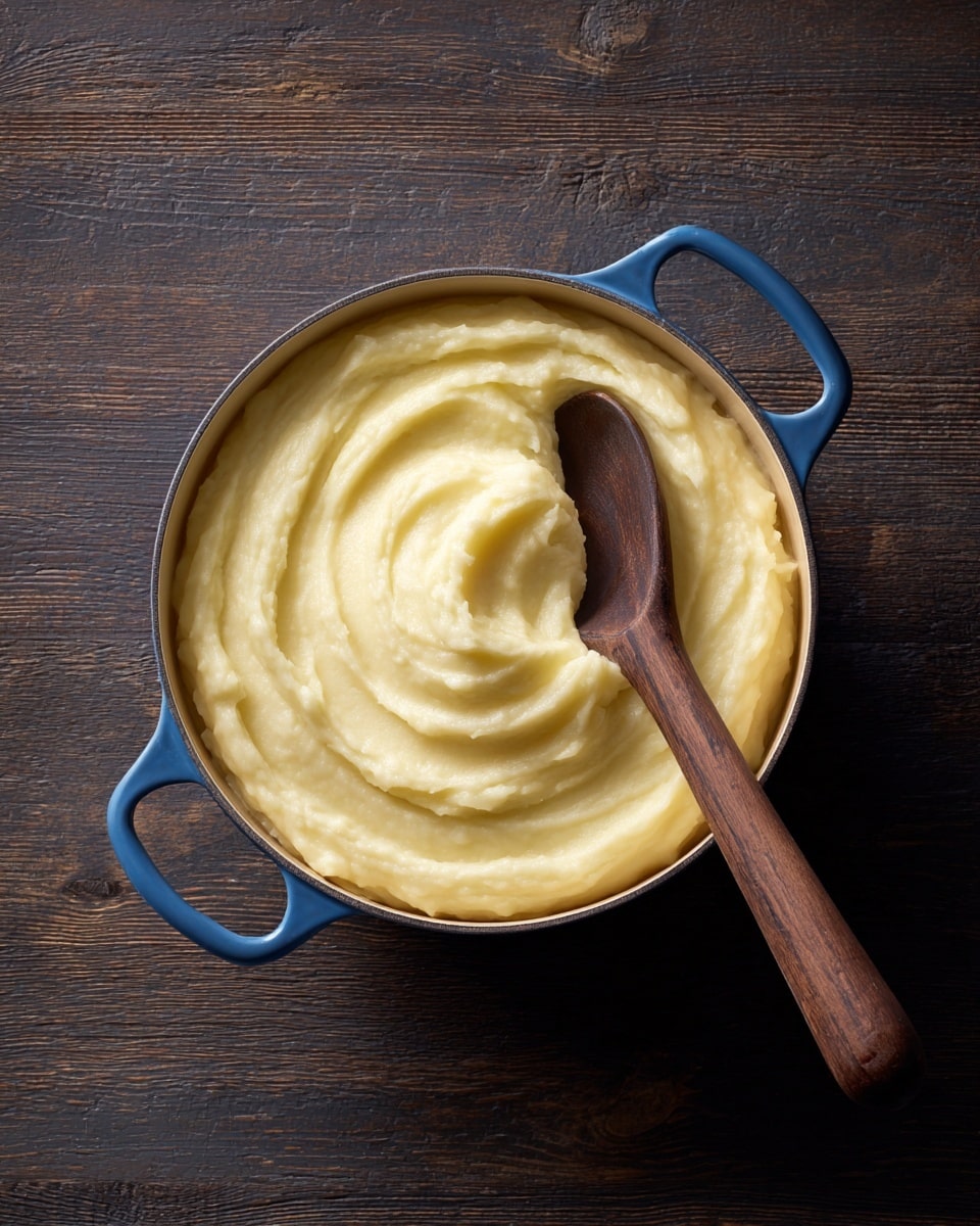 A blue pot with two handles filled with smooth, creamy mashed potatoes in a pale yellow color. A dark wooden spoon is partially dipped in the mashed potatoes, with some of the mixture sticking to it and gentle swirls visible on the surface. The pot sits on a dark wooden textured surface. photo taken with an iphone --ar 4:5 --v 7
