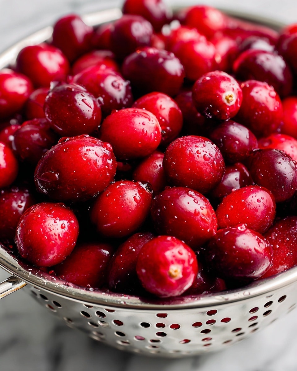 A close-up image showing a pot filled with fresh red cranberries as the bottom layer, covering most of the space. On top of some cranberries, there are sprigs of green rosemary and bright yellow lemon zest scattered around. A clump of light brown sugar rests on one side, with a cinnamon stick partially buried in it. Above the pot, a woman's hand holds a spoon, pouring a thick golden syrup or honey slowly over the cranberries. The pot is white inside, set against a white marbled surface. Photo taken with an iphone --ar 4:5 --v 7