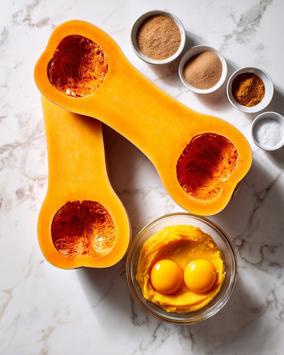 The image shows two parts. On the left side, there are two halves of a butternut squash with smooth, bright orange flesh and a hollow cavity where the seeds were removed, placed on a white marbled surface. On the right side, there is a clear glass bowl containing smooth mashed orange squash with two raw egg yolks sitting on top, surrounded by small bowls of brown sugar and other baking ingredients, all on the same white marbled surface photo taken with an iphone --ar 4:5 --v 7