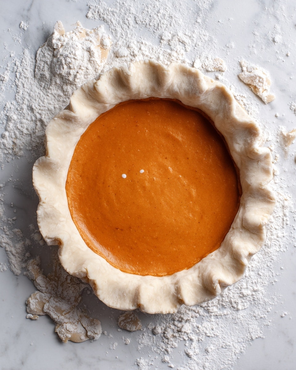 A white pie crust with rough, uneven edges folded over a smooth, thick, deep orange filling sits centered on a floured white marbled surface. Around the pie crust are torn pieces of dough and scattered white flour, giving a rustic, homemade feeling. The filling is flat and silky, filling the crust evenly with a small bubble visible near the center. The dough's texture looks soft and slightly flaky, with a pale, creamy color contrasting the warm filling. Photo taken with an iphone --ar 4:5 --v 7