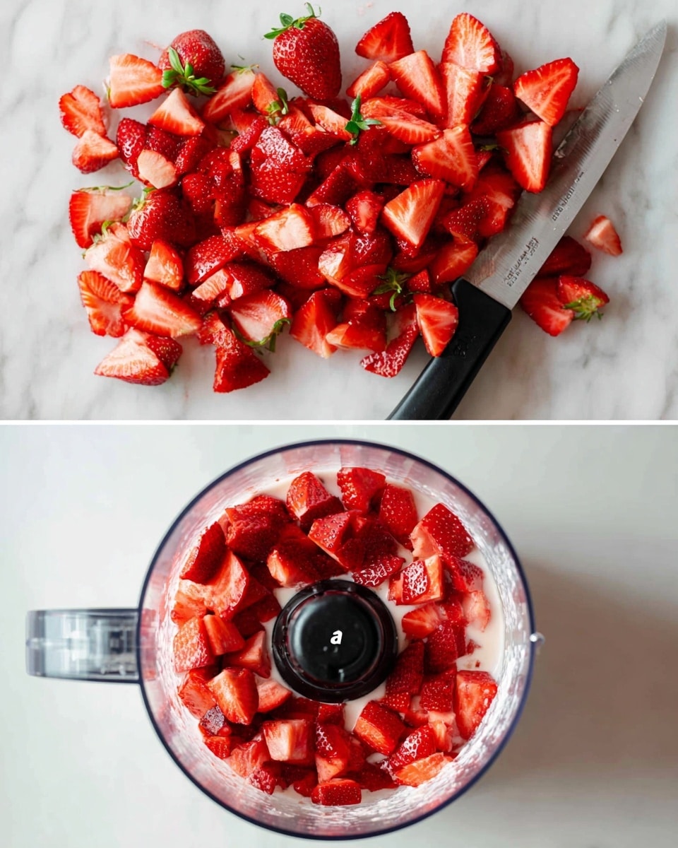 The image shows two side-by-side photos with the labels 1 and 2. In the first photo, many strawberries are sliced and scattered on a white marbled surface, with a black-handled knife placed among them. The strawberries have bright red color and some green leaves still attached. In the second photo, chopped strawberries are inside a food processor bowl with milk or cream, and the black center piece of the processor is visible on top. The bowl is clear, showing the red chunks and white liquid inside. Photo taken with an iphone --ar 4:5 --v 7