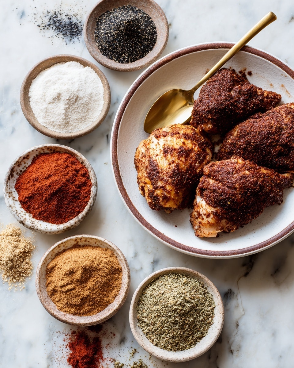 A white bowl with a brown rim holds seven different spices in small piles with a gold spoon resting on top of the spices; the spices are in various colors like white, black, red, brown, and beige. Next to it, a white plate with a brown rim shows four chicken pieces covered evenly with a dark brown spice mix, giving them a textured look; the background is a white marbled surface with some of the spice mix scattered around. Photo taken with an iphone --ar 4:5 --v 7