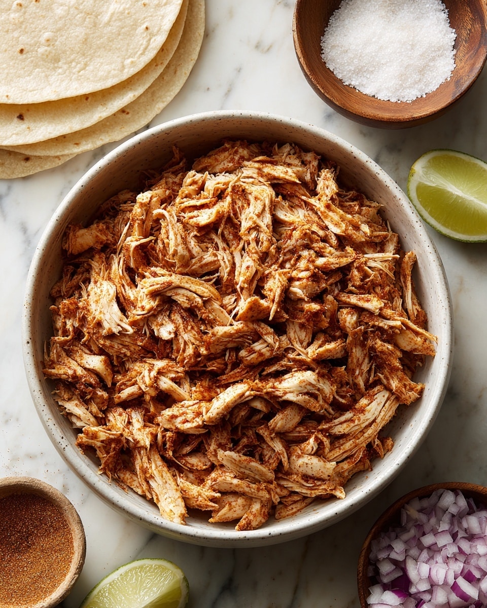 Four soft tortillas lie on white crumpled paper, each filled with layers of shredded orange-brown seasoned chicken, bright green cilantro leaves, and small purple onion bits scattered on top. To the right, a yellow bowl holds more chopped purple onions, a halved lime, and cilantro. Lime wedges and a wooden bowl of salt sit around the tacos on a white marbled surface. The image is bright and colorful with natural light. photo taken with an iphone --ar 4:5 --v 7
