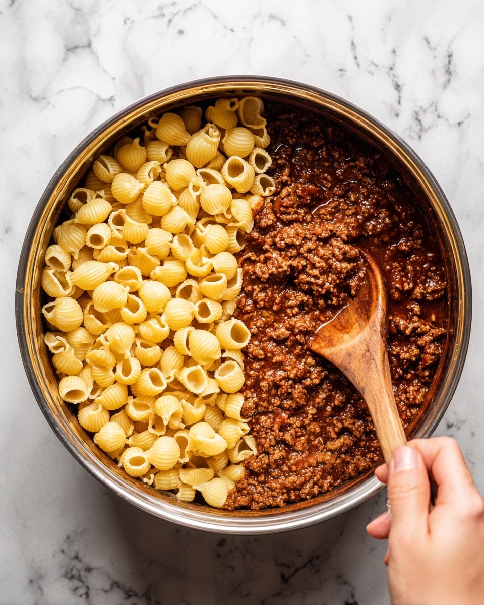 A close-up top view of a cooking pot filled with three main layers: the bottom layer is a dark brown thick sauce with visible tiny bits of cooked minced meat, the middle layer consists of medium-sized yellow dry shell pasta gently resting on the sauce on the left and right sides, and the top layer is a wooden spoon held by a woman’s hand stirring the ingredients on the right side of the pot. The pot itself has a shiny metal rim, and the background is a white marbled texture. Photo taken with an iphone --ar 4:5 --v 7