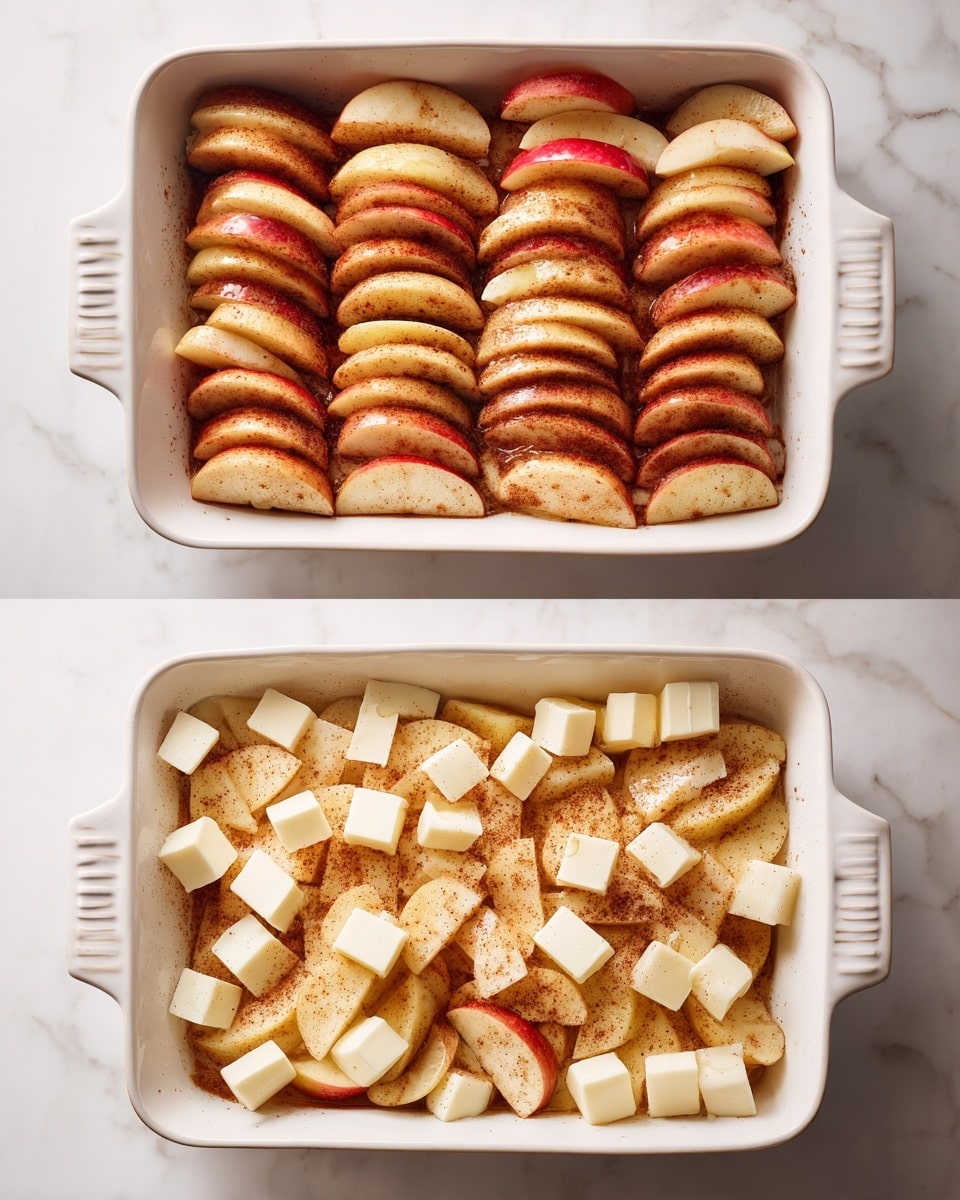 A white rectangular baking dish filled with a single layer of sliced apples, each slice coated in cinnamon and sugar giving them a warm brown tone with visible specks of cinnamon. In the second image, the same white dish and apple slices are shown, but small cubes of butter are scattered evenly over the top. The dish is placed on a white marbled surface, and the lighting shows the texture of the baked apples and melting butter clearly. photo taken with an iphone --ar 4:5 --v 7