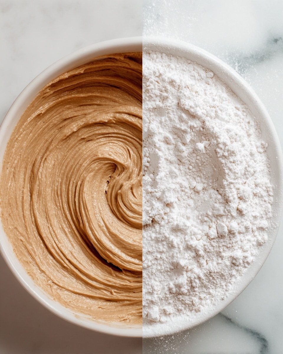 The image shows two bowls on a white marbled surface, each with different baking ingredients. The first bowl, which is white, contains dry ingredients layered clearly: a large amount of white flour covering most of the bowl, a dark brown pile of cinnamon or a similar spice on the left side, and a small white pile of baking soda or powder at the bottom center. The second bowl, also white, contains wet ingredients: two whole eggs with yellow yolks, a light brown liquid, and a dark brown syrup or vanilla extract near the left edge. A silver whisk rests inside the second bowl, partially dipped into the wet mixture. The scene is clean and bright with good lighting, showing a clear separation between the two stages of baking preparation. photo taken with an iphone --ar 4:5 --v 7