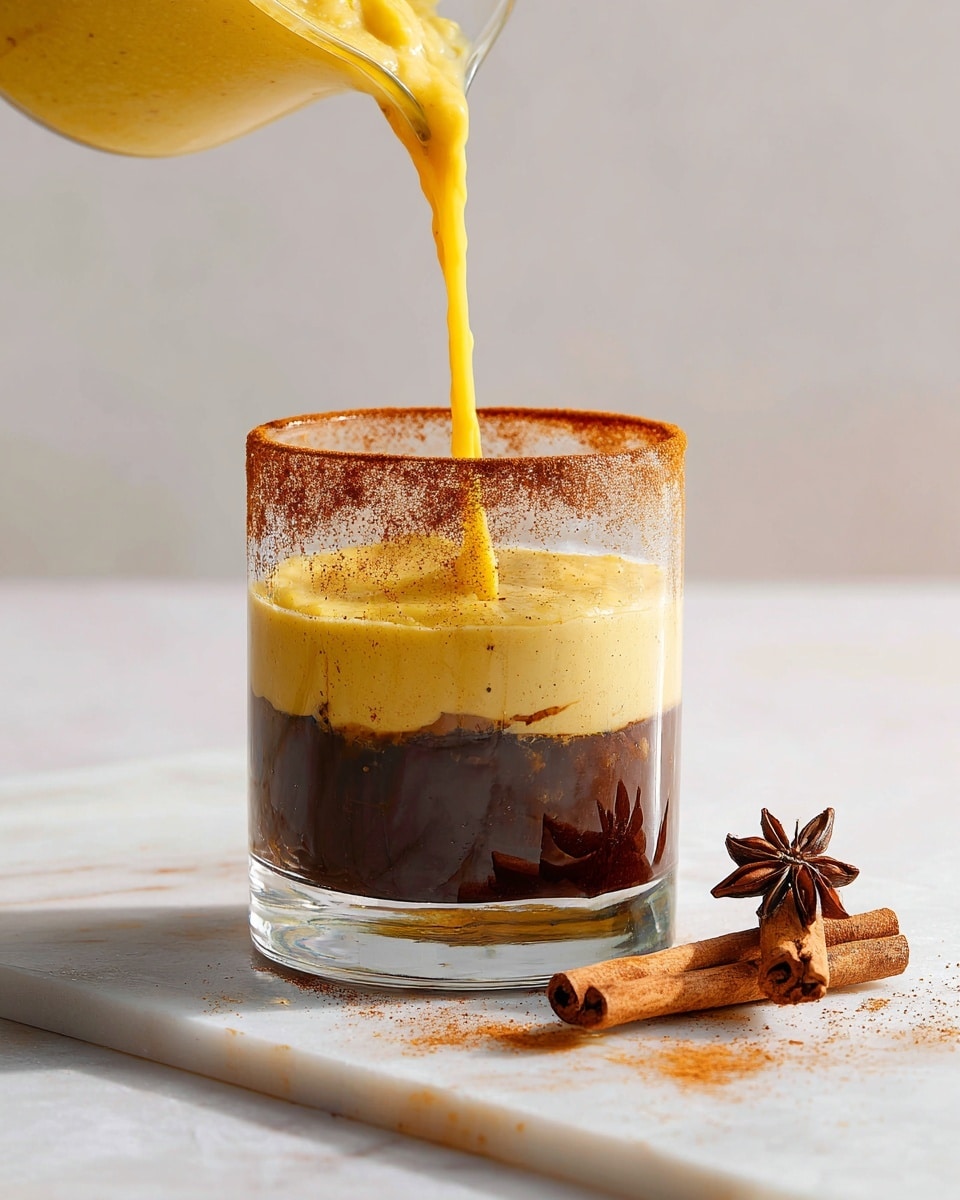 A clear glass shows two layers of liquid with a thick yellow smoothie being poured on top of a dark brown sauce at the bottom. The glass rim is coated with a thick layer of reddish-brown spice, textured and uneven. Some yellow fruit pieces and two cinnamon sticks rest on a white marbled surface in the foreground, with scattered spice also visible near the glass. The background is plain and softly lit. Photo taken with an iphone --ar 4:5 --v 7